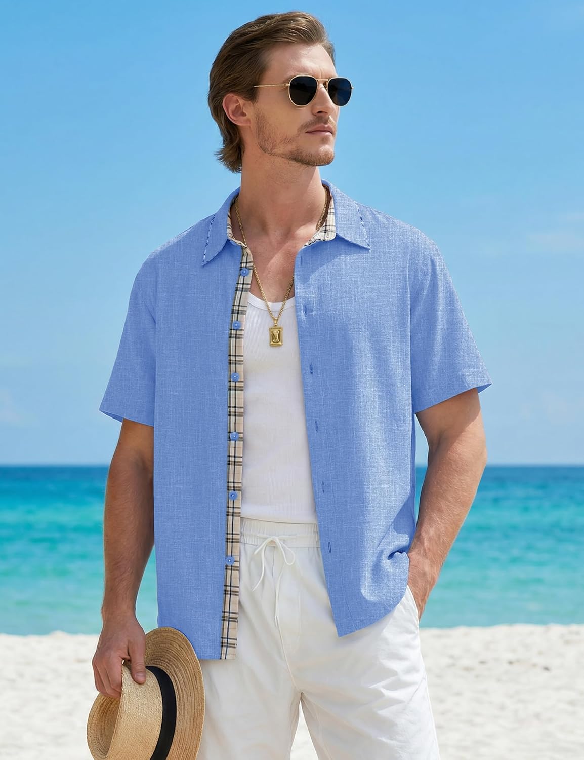 Cotrasen Men's Button Down Shirts Short Sleeve Linen-Like Casual Shirts for Summer Beach Vacation Wedding - Image 2