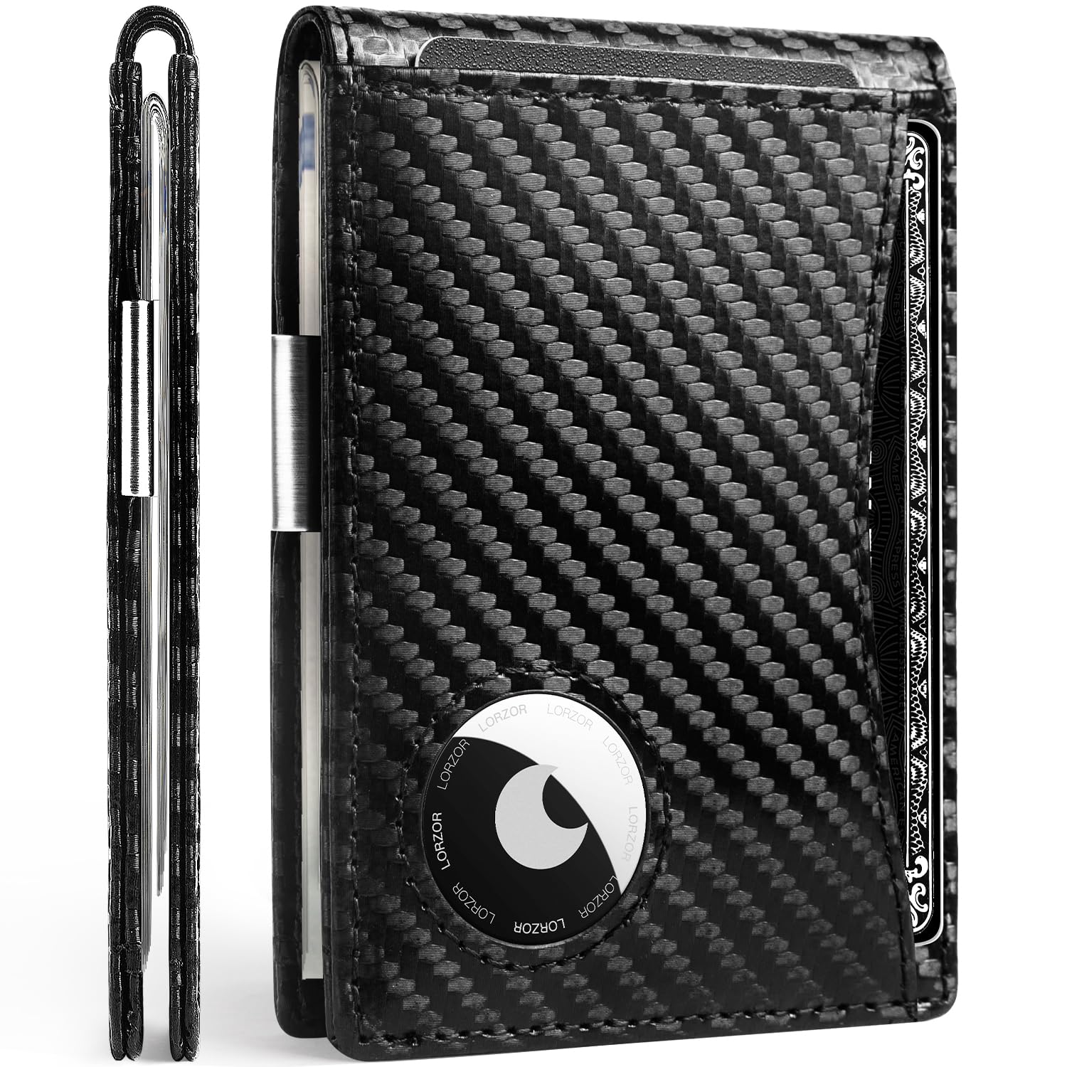AirTag Wallet - Mens Wallet Slim Minimalist Front Pocket Money Clip for Apple Air Tag, Bifold Top Grain Carbon Fiber RFID Blocking Wallets for Men, 2