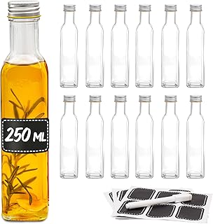 Praknu 12er Set Glasflaschen 250ml Schraubverschluss Eckig - Leere Flaschen zum Befüllen - 12 Etiketten mit Stift - Glasflaschen für Öl, Essig, Saft & Limonade