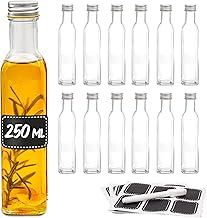 12 Glass Bottles 250 ml with Screw Caps – 12 Labels and Pen – Glass Bottles for Liquor, Oil, Beer & Wine