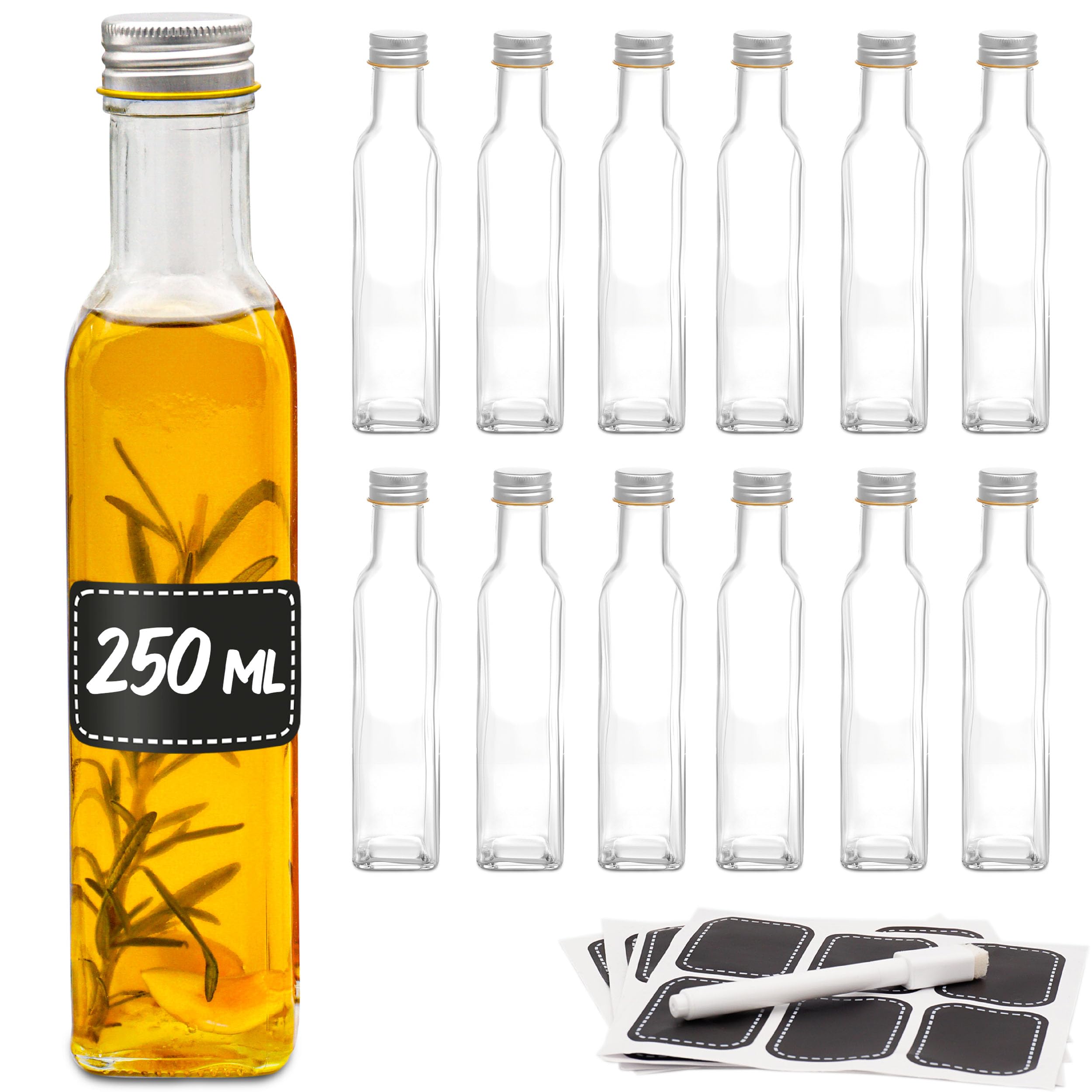 Praknu 12 Botellas Cristal 250ml con Tapón Rosca Hermético - Botella Vidrio para Licores Caseros, Aceite & Cerveza Artesanal
