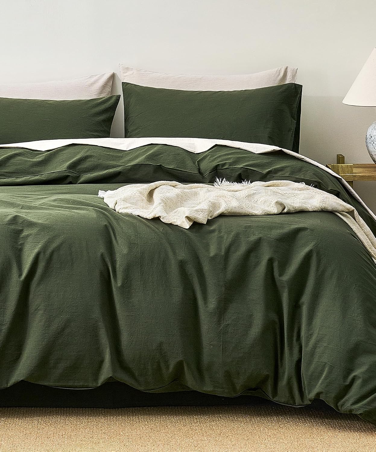 JELLYMONI 100% Cotton Queen Duvet Cover Set, Washed Linen-Like Texture
