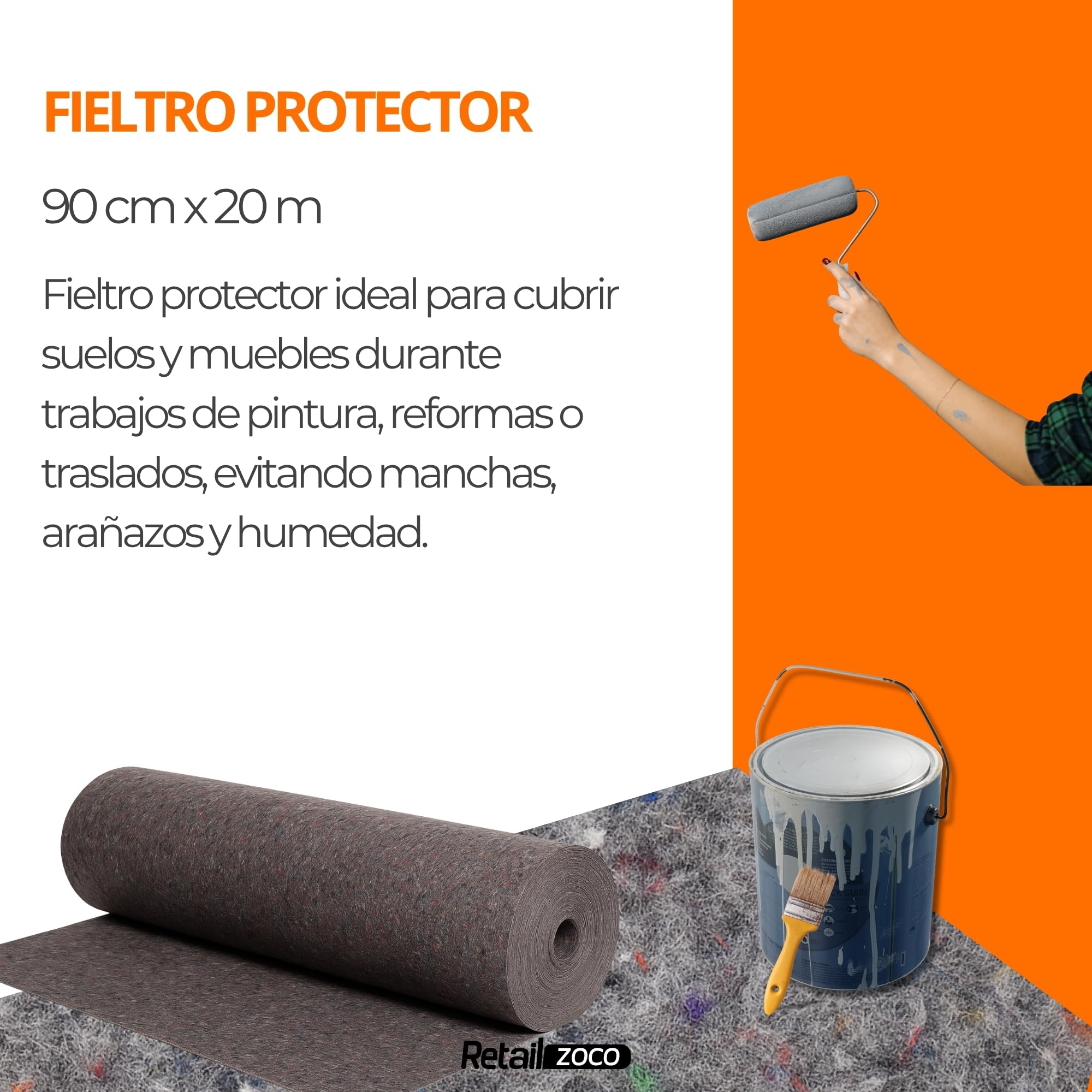 Fieltro Protector de Suelos Pintor, Rollo Fieltro para Suelo y Muebles, Producto reciclable, Uso en Reformas, Pintura y Mudanzas, Capa Polietileno Antideslizante 180 g/m2, 1 Rollo de 90 cm x 20 Metros