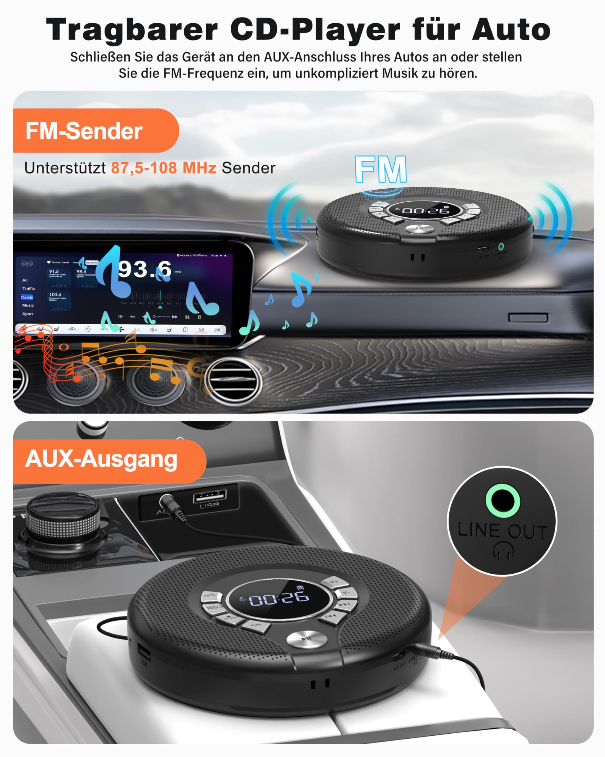 Greadio Bluetooth CD Player Tragbar mit Kopfhörer Discman CD-Player | Anti-Skip/Stoßfest und 2000mAh Wiederaufladbarer, Kompatibler FM-Sender, USB, AUX-Ausgang, HiFi-Doppellautsprecher für Auto