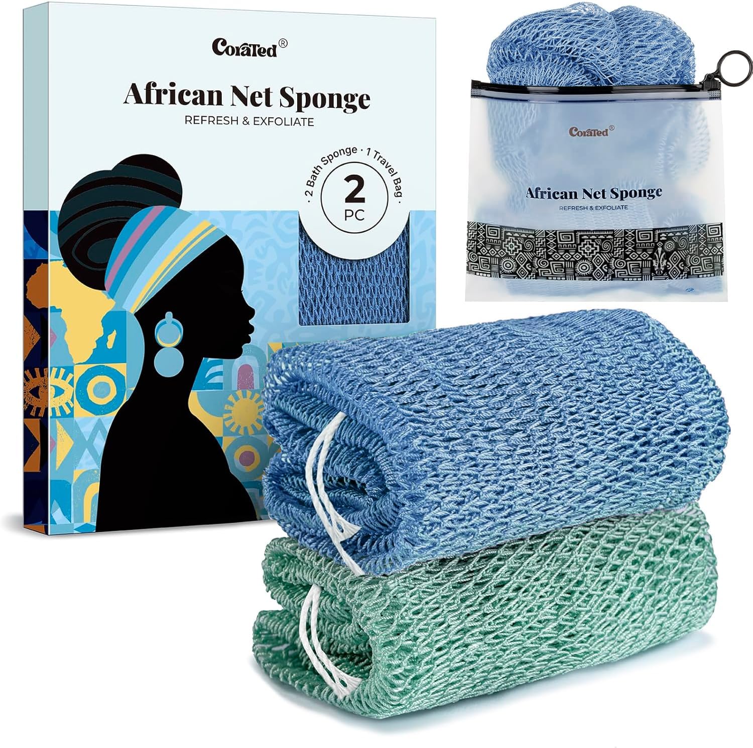 Photo 1 of CORATED African Net Sponge with Knots Authentic, Shower Loofah Exfoliating Bath Sponge, Body Scrubber for Women Daily Use Body Care, Travel Portable Bath Accessories for Bathroom
