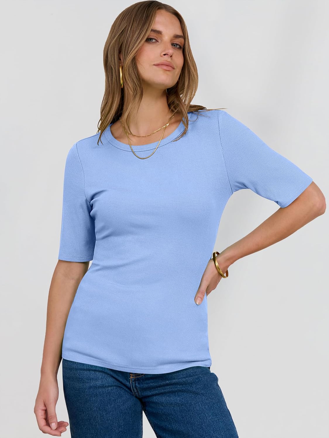 ANRABESS Womens Half Sleeve Crewneck Tops Ribbed Knit Slim Fit Shirts Basic Tee 2026 Spring Summer Dressy Casual T-Shirts - Image 7