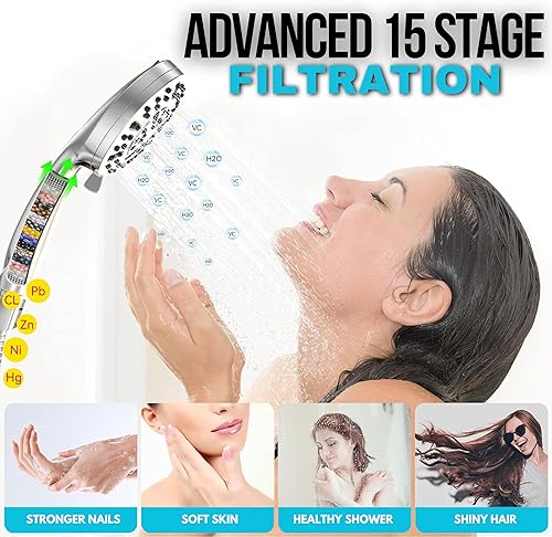 Miniatura 2 de CLEAN STREAM - Cabezal de ducha filtrado de mano, alta presión con 10 modos de pulverización y filtro integrado de 15 etapas, con manguera de 60