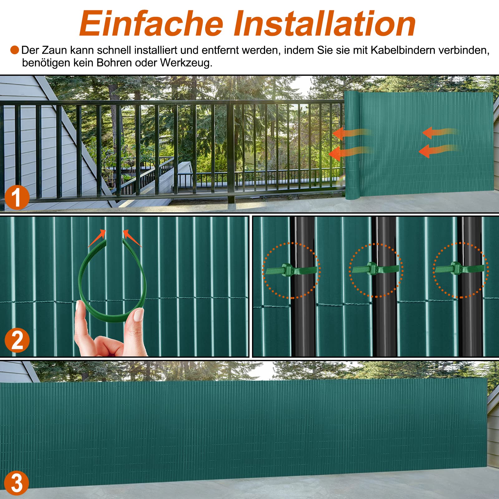 AufuN Recinzione frangivista in PVC, 180 x 600 cm, con fascette per cavi, standard, in bambù, protezione dal vento per giardino, balcone e terrazza, struttura interna a W, lamelle rinforzate (verde)