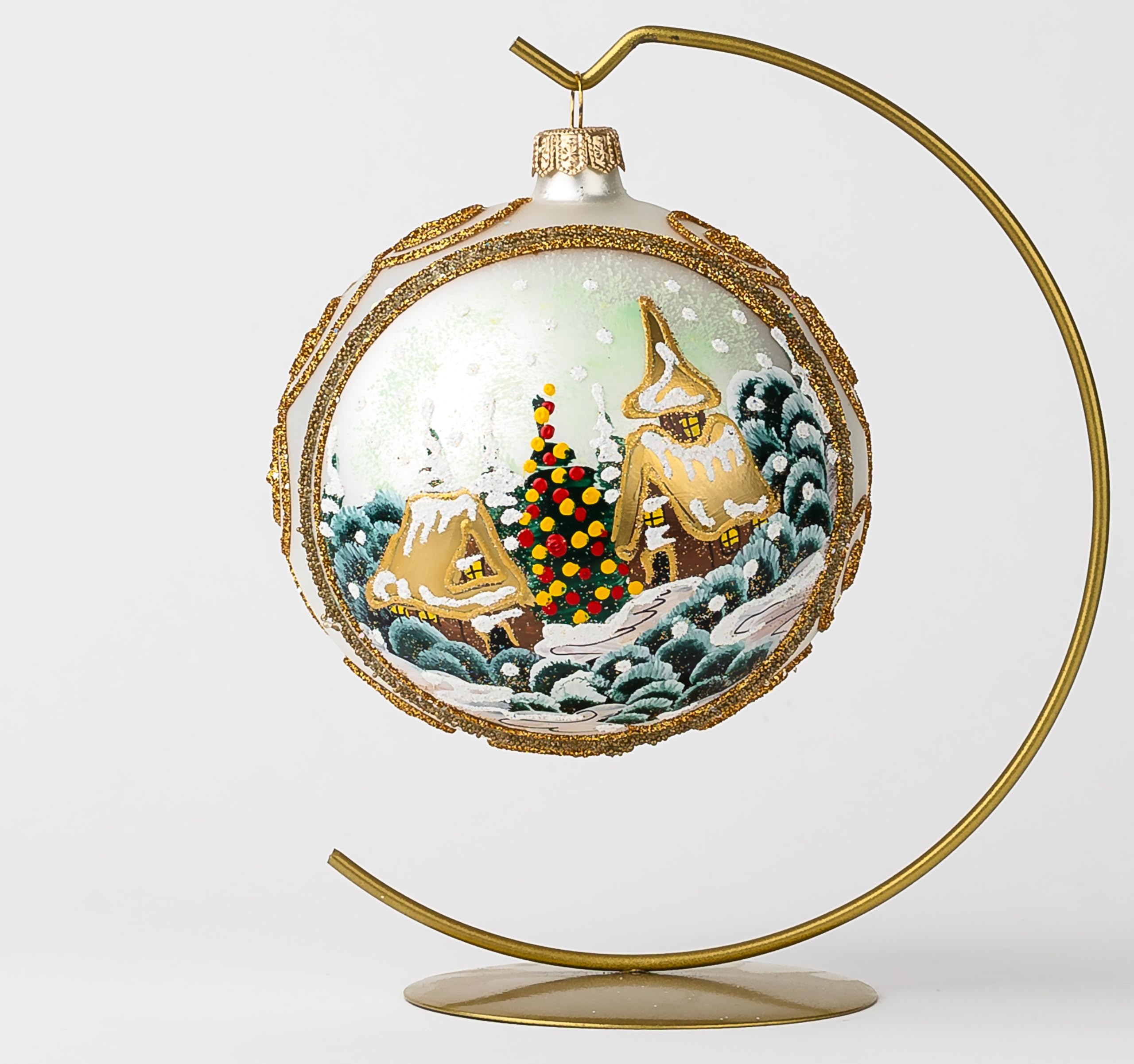 Adorno de Navidad, día invernal con flor de pascua roja, bola de vidrio soplado (plata mate, 120 mm)