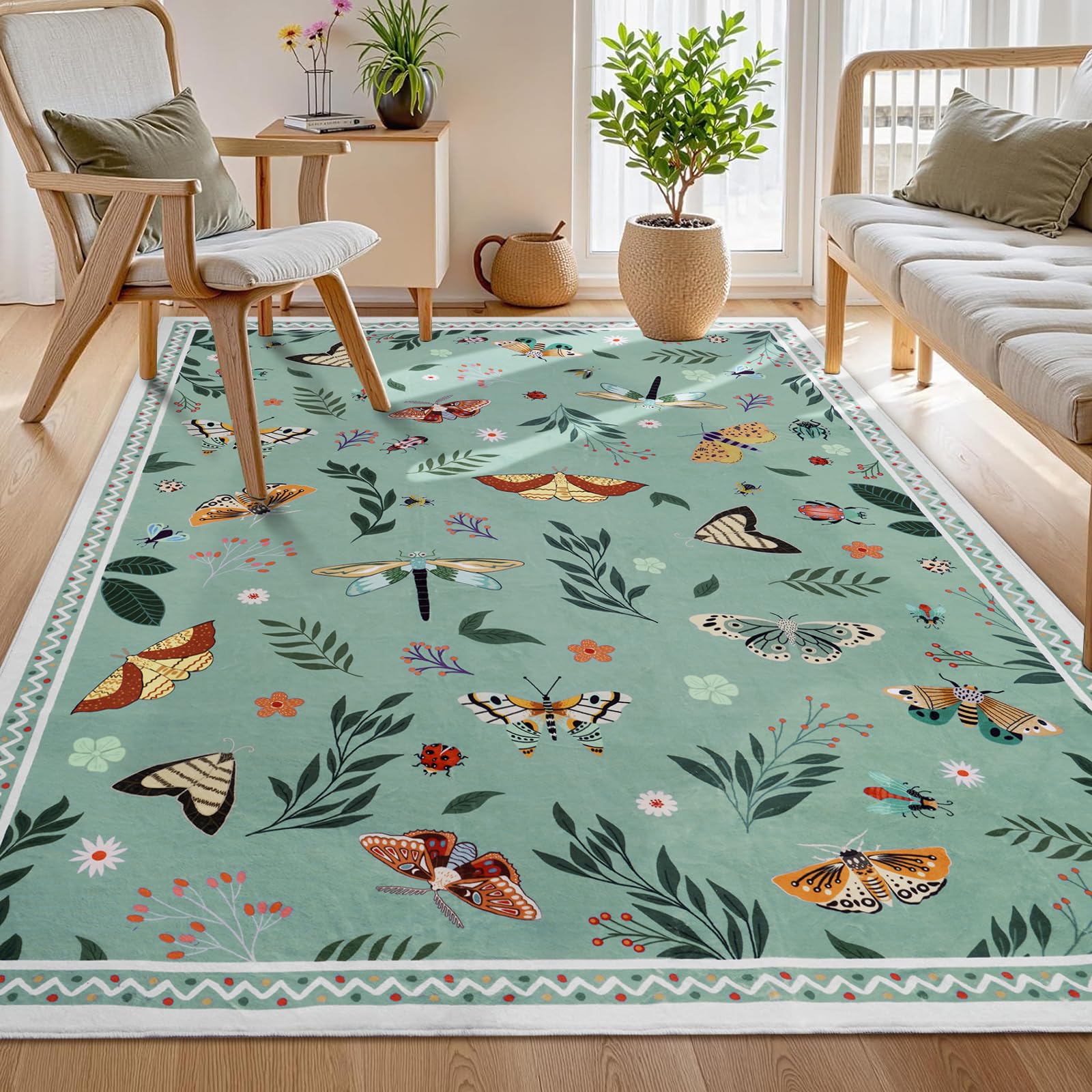 ASPMIZ Insect Area Rug 3X5, Green Bedroom Rug Non Slip, Spring Summer  Washable Rug Farmhouse Butterfly Living Room Rugs Low Pile, Soft Faux Wool  Throw