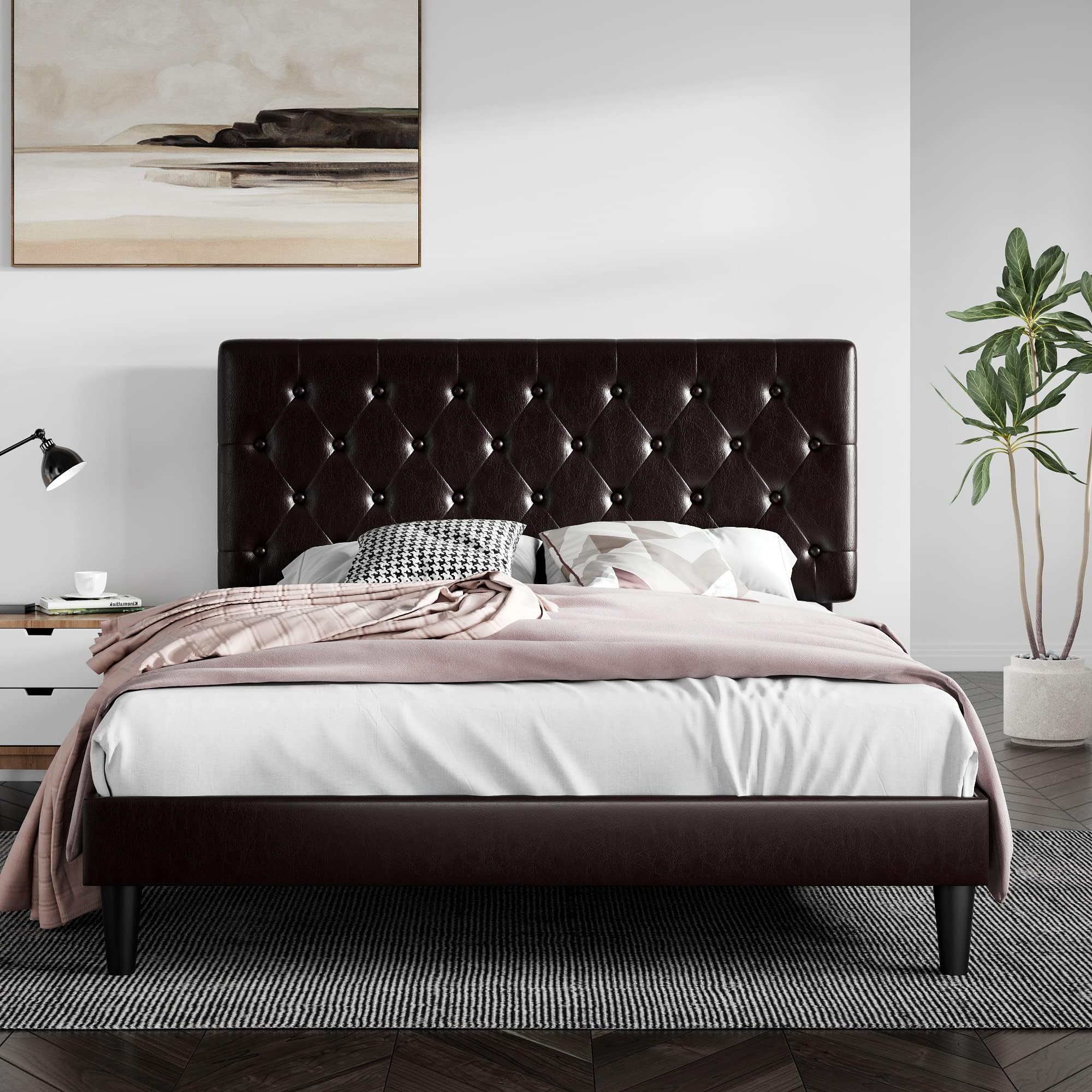 SHA CERLINFull Size Platform Bed Frame with Button Tufted Headboard, Faux Leather Upholstered Mattress Foundation, Wooden Slat Support, No Box Spring Needed, Espresso Brown