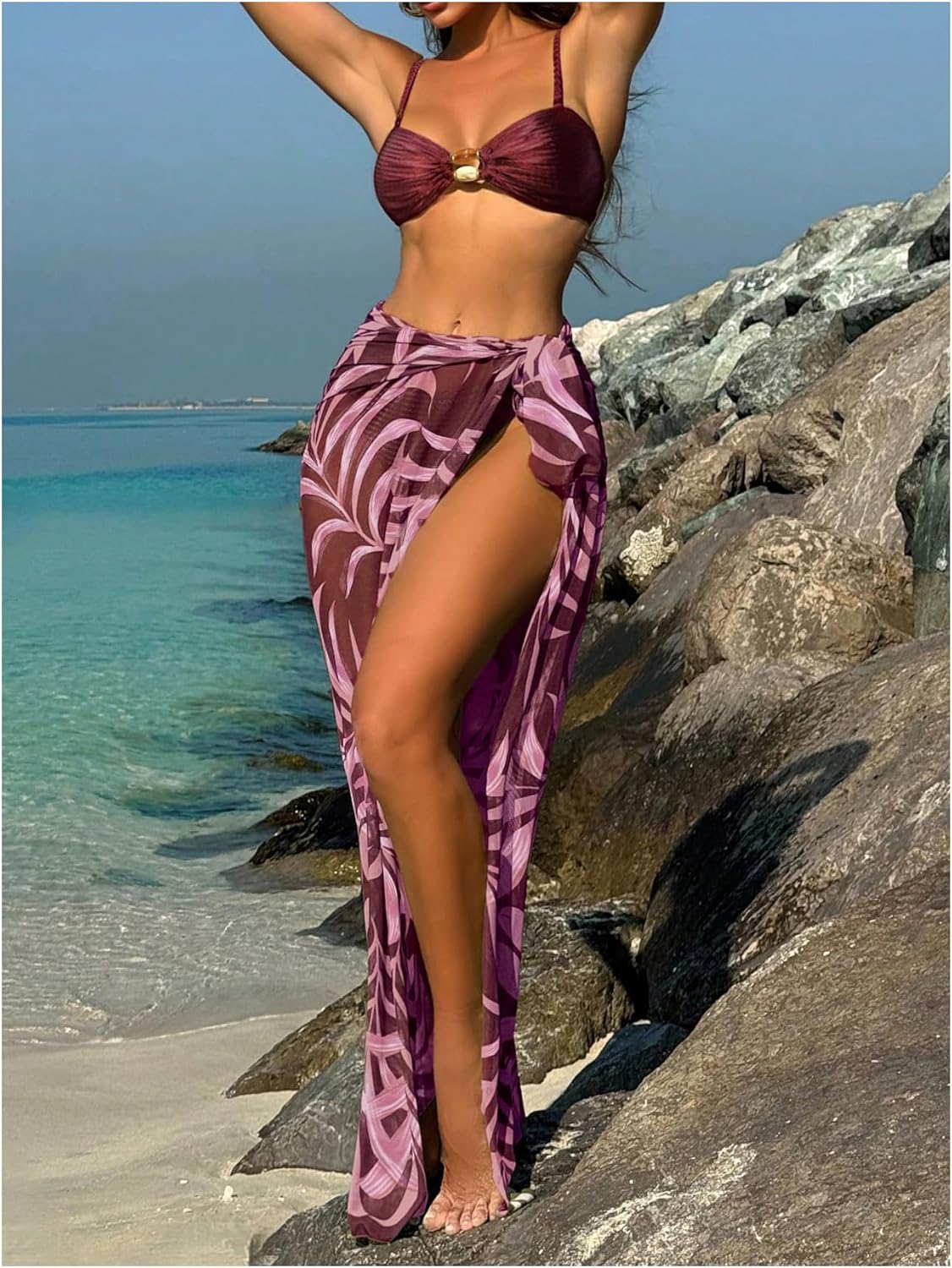 SHENHE Women's 3 Piece Swimsuits O Ring Beads Hipster Bikini Set with Long Sarong Wraps Cover up - Image 2