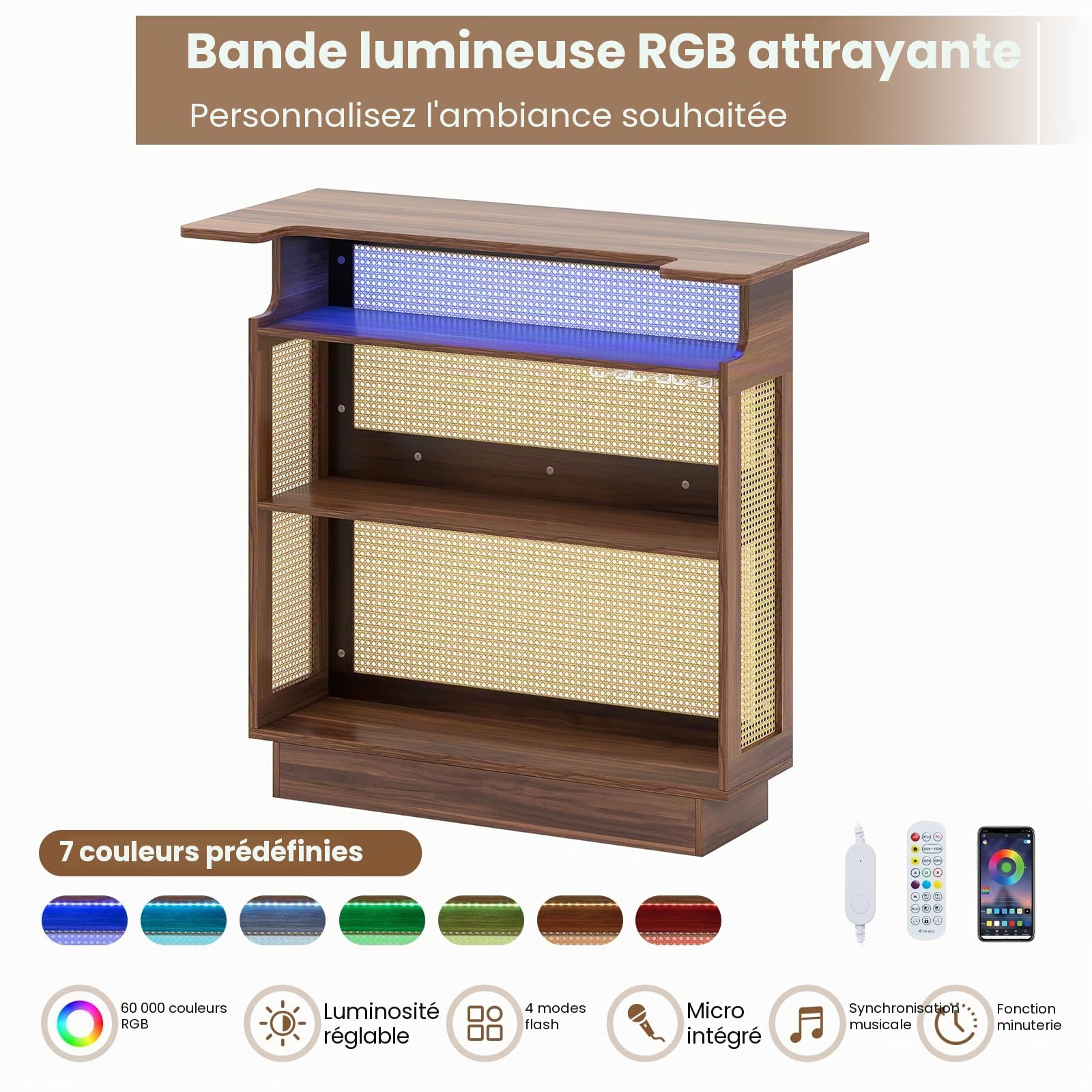 LIFEZEAL Table de bar en bois, comptoir de maison, bar avec éclairage LED, étagère de cuisine en rotin avec porte-verres et étagère, table de bistrot, table haute, comptoir de bar, design industriel