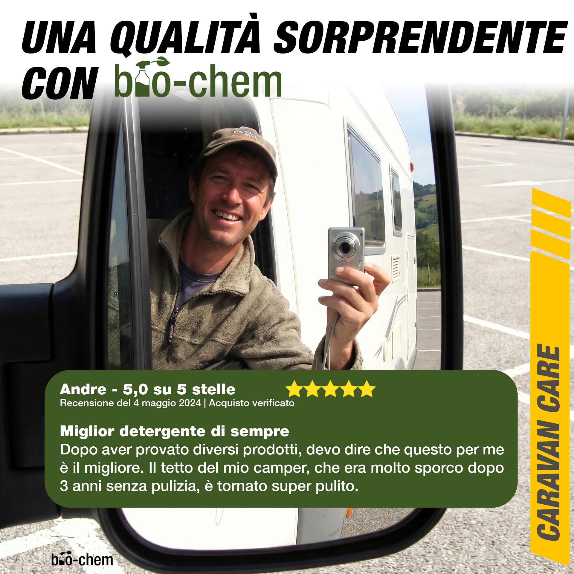 bio-chem - Prodotto per la Pulizia di roulotte e Camper 1L + spruzzatore di Schiuma 1,5L - Detergente per Caravan, Tende da Sole - Manutenzione dei Veicoli da Campeggio