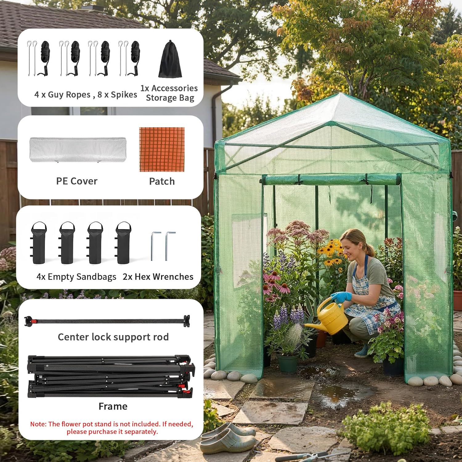 CROWN SHADES 8x6 Walk-in Greenhouse for Outdoor Garden, Portable Pop Up Plant Greenhouse with Steel Frame and PE Cover, Roll Up Zipper Door and Mesh Vent Windows for Backyard Growing（Green）