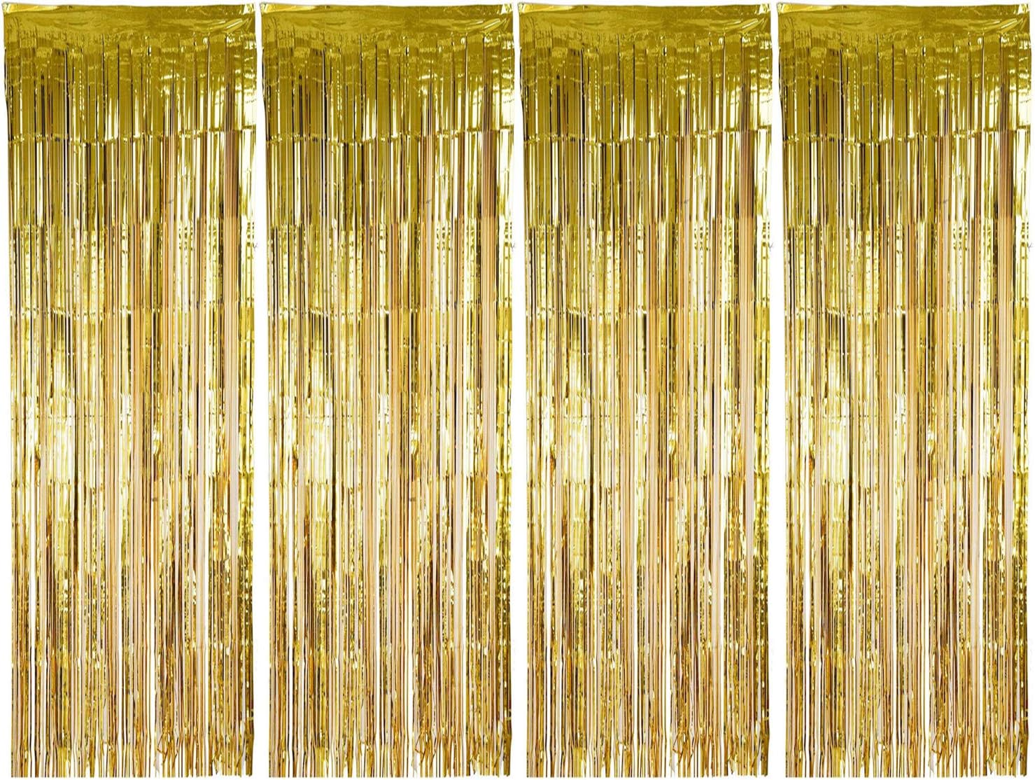 ENTHUR Foil Curtains 1 x 2.5m × 4 Pack Metallic Fringe Curtains Shimmer Curtain for Birthday Wedding Party Halloween Christmas Decorations (Gold)