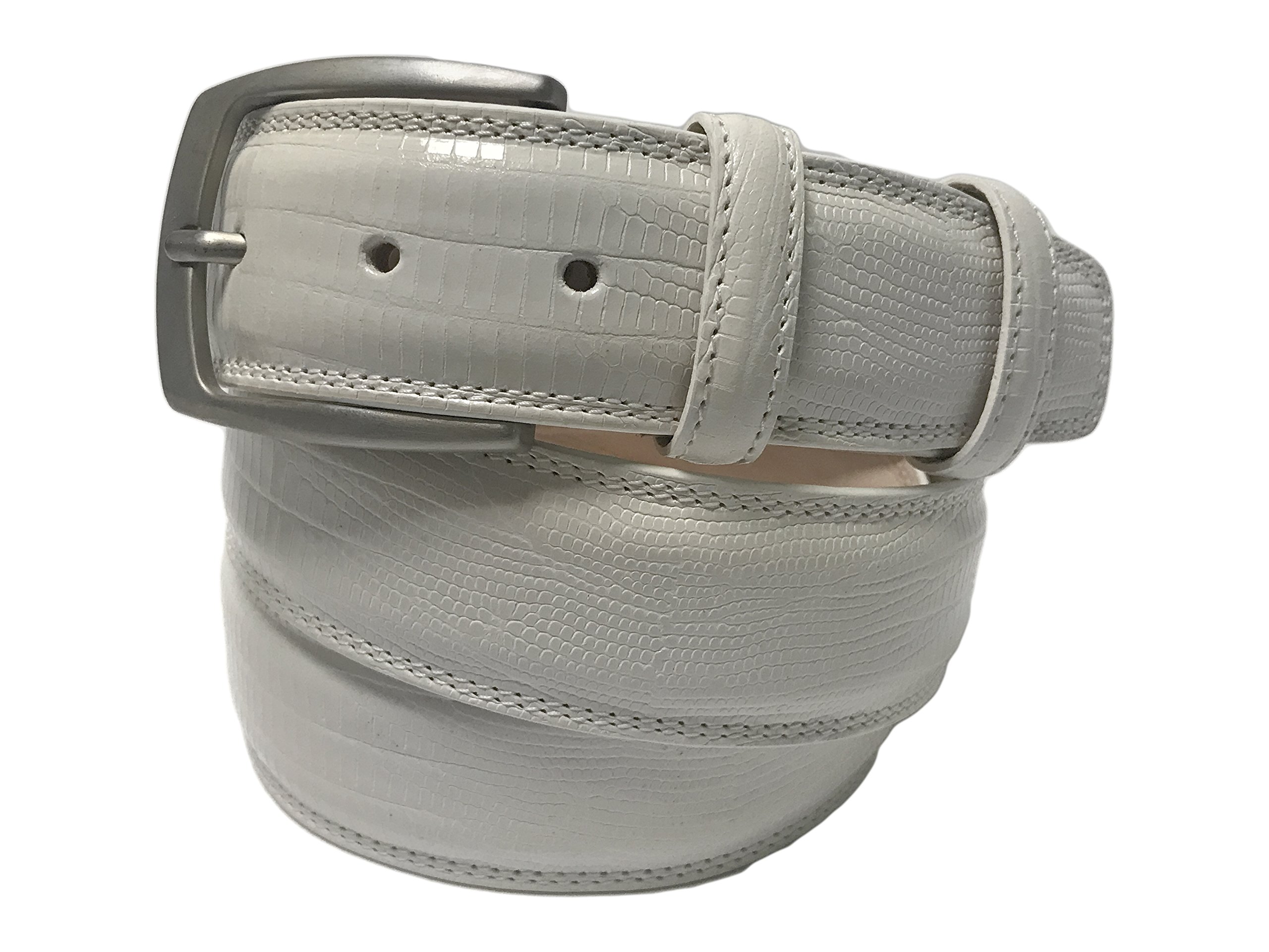Fresco Golf Full Grain Italian Leather Lizard Embossed Men’s Belt, White, 37