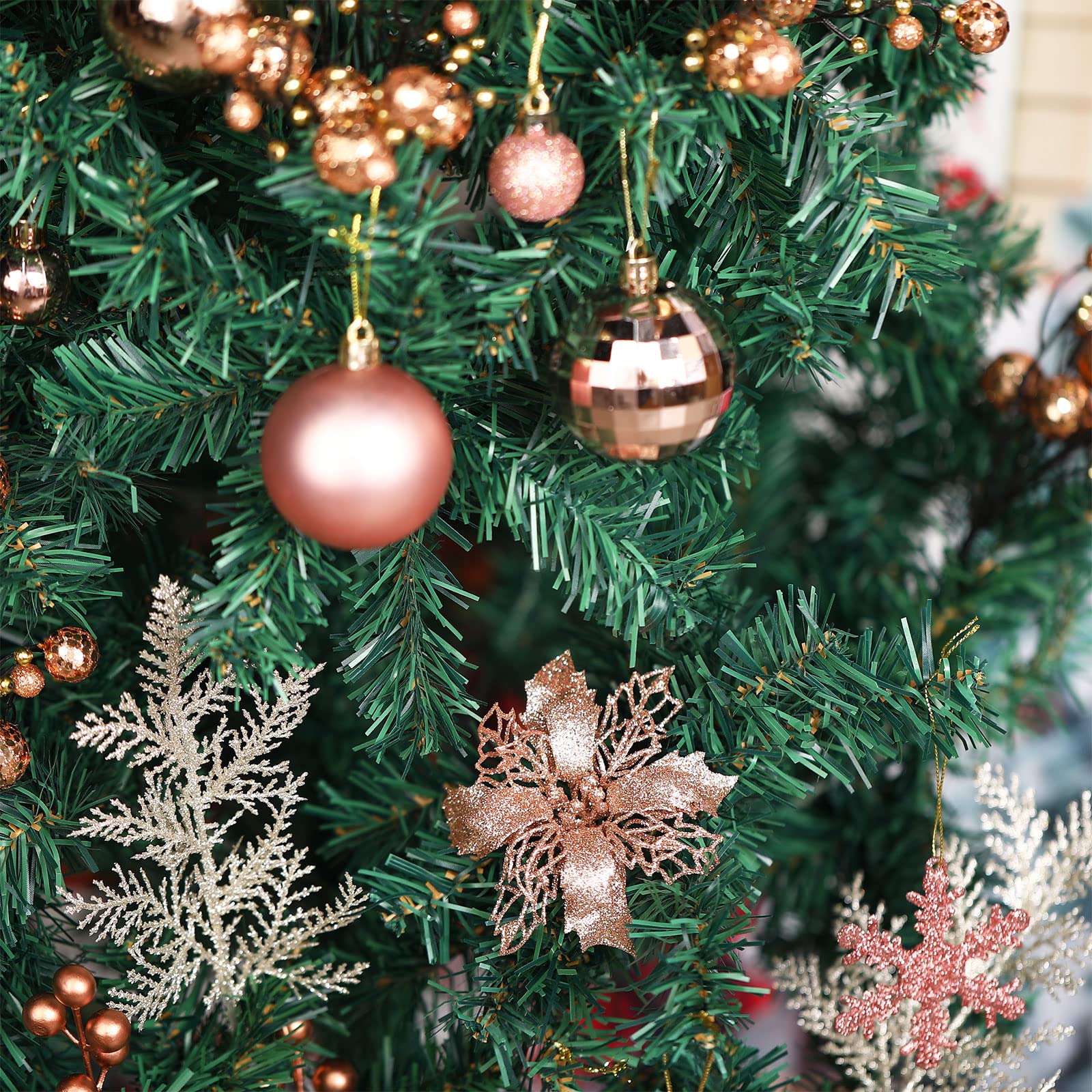 Lot de 94 décorations de sapin de Noël comprenant des boules de Noël à paillettes, des poinsettia à paillettes pour Noël, des vacances, un mariage (or rose)