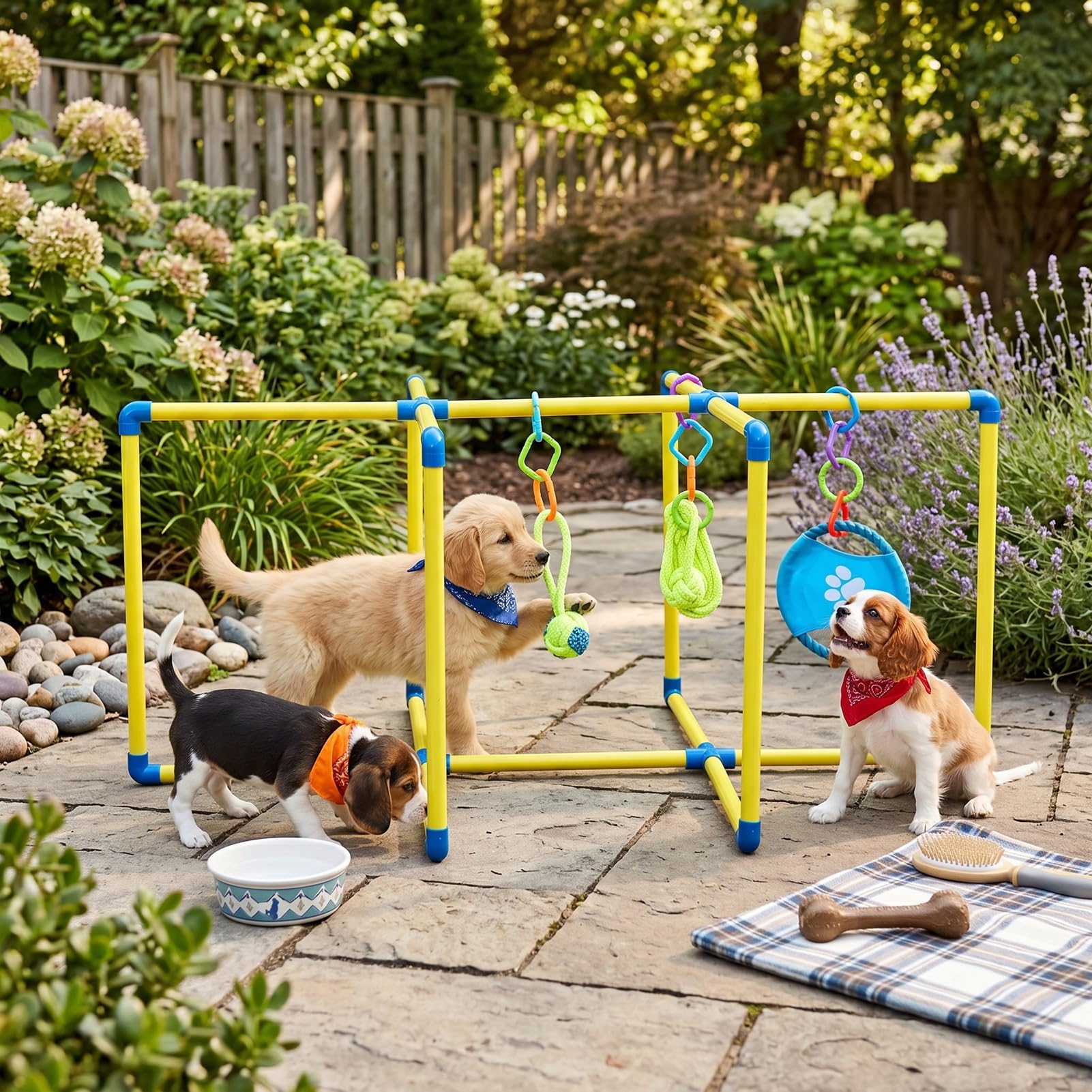 Aktywności Puppy Gym do Treningu w Pomieszczeniu Solidny Plac Zabaw z PVC w Dżungli z Wiszącymi Zabawkami dla Energicznych Zwierząt Żółty Zielony