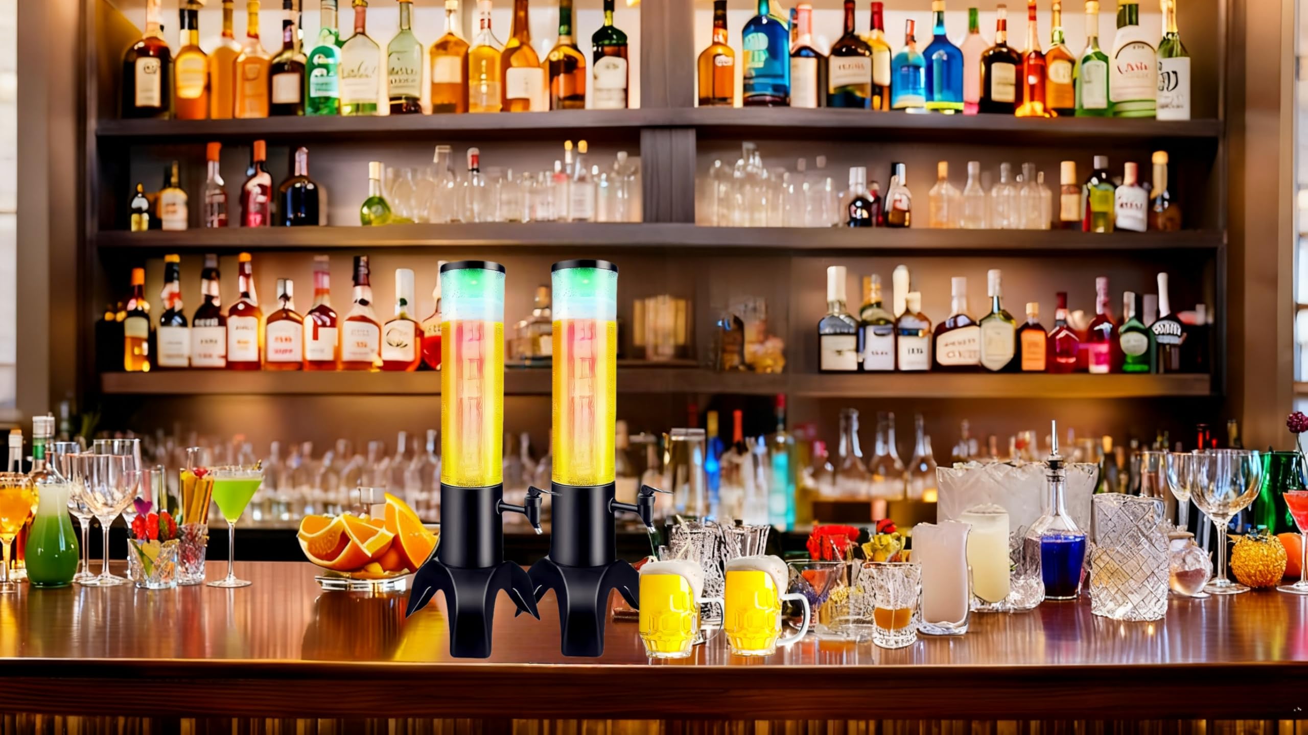 Torre de bebidas: dispensador de torre de mimosa de 1.5 L con tubo de hielo y luz LED, dispensador de cerveza de mesa de 50 onzas/1.58 cuartos de galón para fiestas, bares, pubs, restaurantes