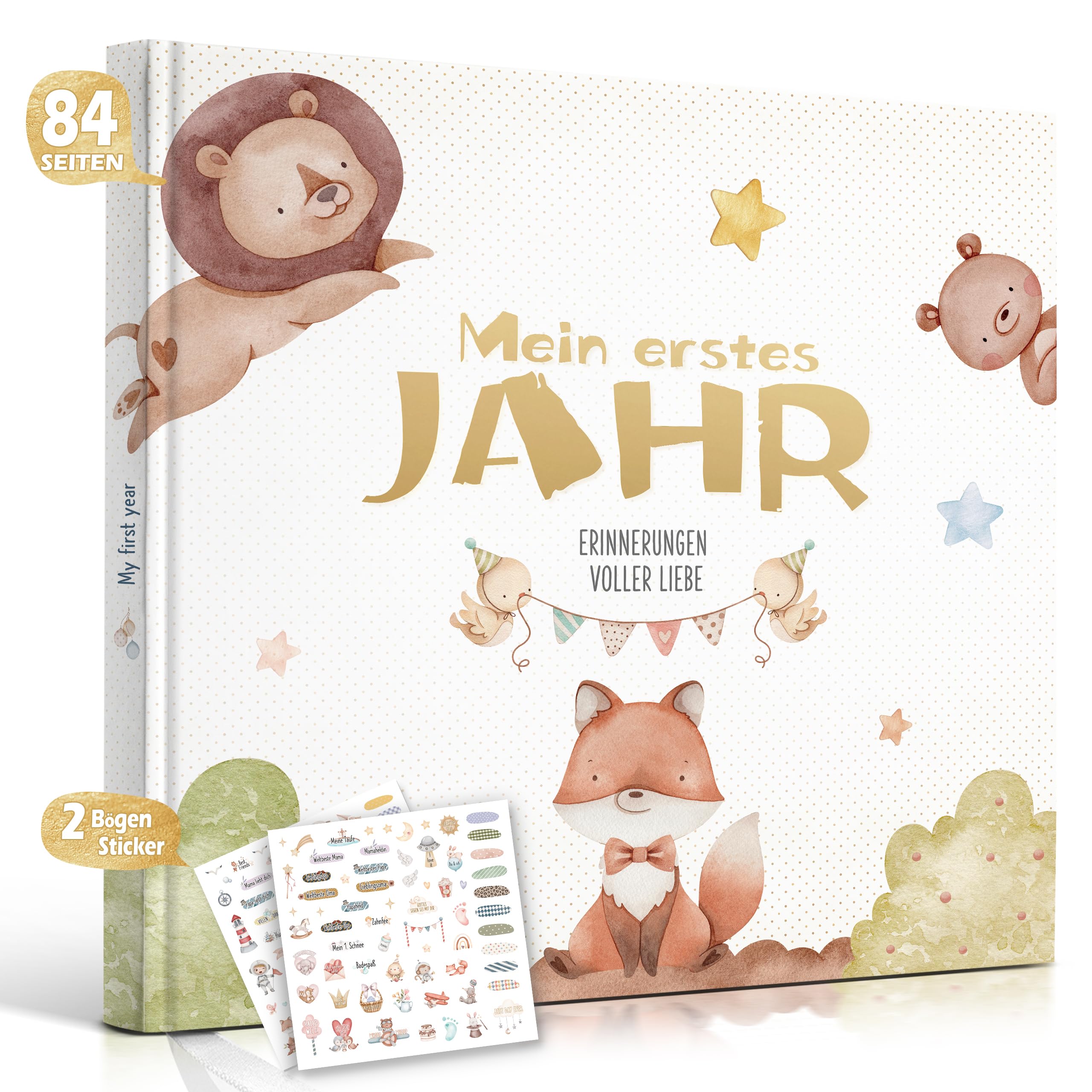 Hyggartn Mein Erstes Jahr Babyalbum mit 84 Seiten und 2 Stickern Personalisierte Geschenke Baby Geschenk Geburt Junge & Mädchen Fotoalbum Neugeborenen Erinnerung Babytagebuch 21x21 cm (Fuchs)