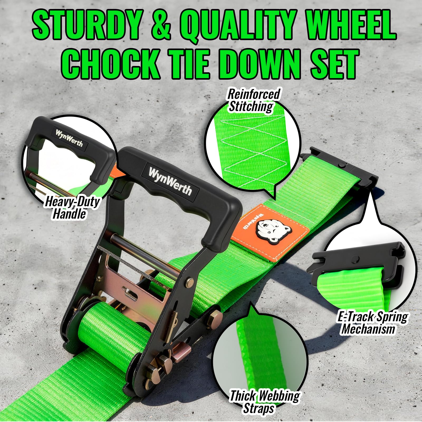 Unterlegkeil Spanngurt-Set für Anhänger, E-Track, robustes Radspann-Set für Rasen, UTV, SUV, Rasenmäher und Traktoren – 2041 kg Bruchfestigkeit, 2er-Pack, 5,1 cm x 2,4 m