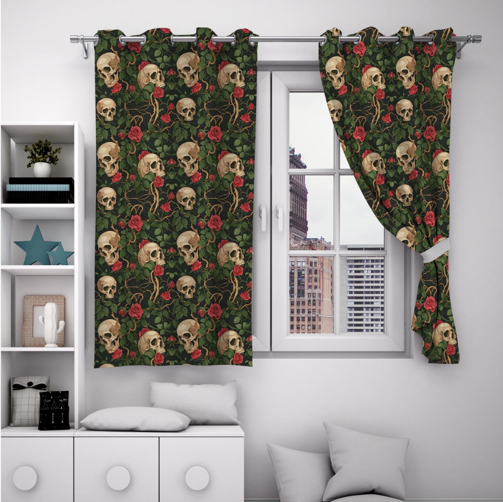 HOBBOY Skull Floral Curtains Romantic Love Romantic Couple Halloween Window Drapes Red Roses Darkening Privacy Curtains for Bedroom Living Room 2X W38xL63in
