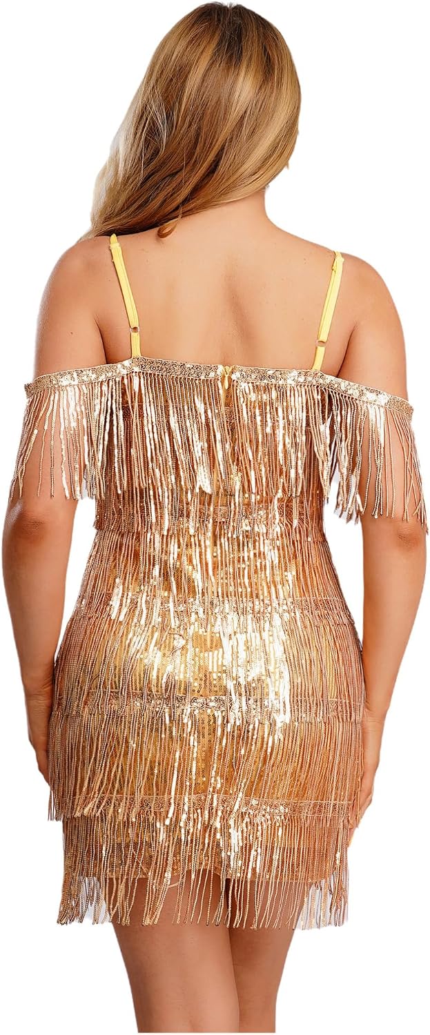 JEATHA Women's Sparkle Mini Dress for Latin Dance Sequin Tassel Dress for Cha-cha Proms Disco