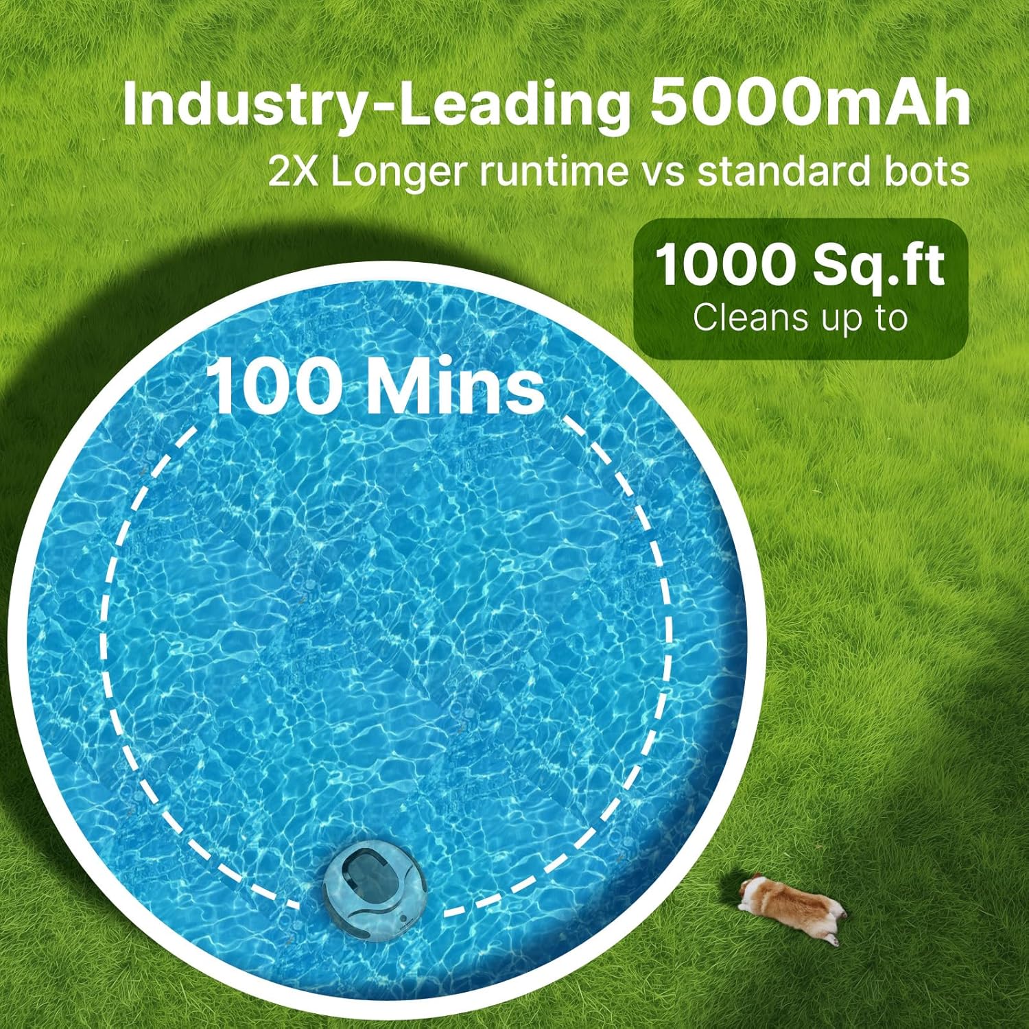 POOLPURE Pool Cleaner, 5000mAh Battery, 100 Minutes Runtime, 1000 Sq Ft Coverage, Automatic Cleaner (White)