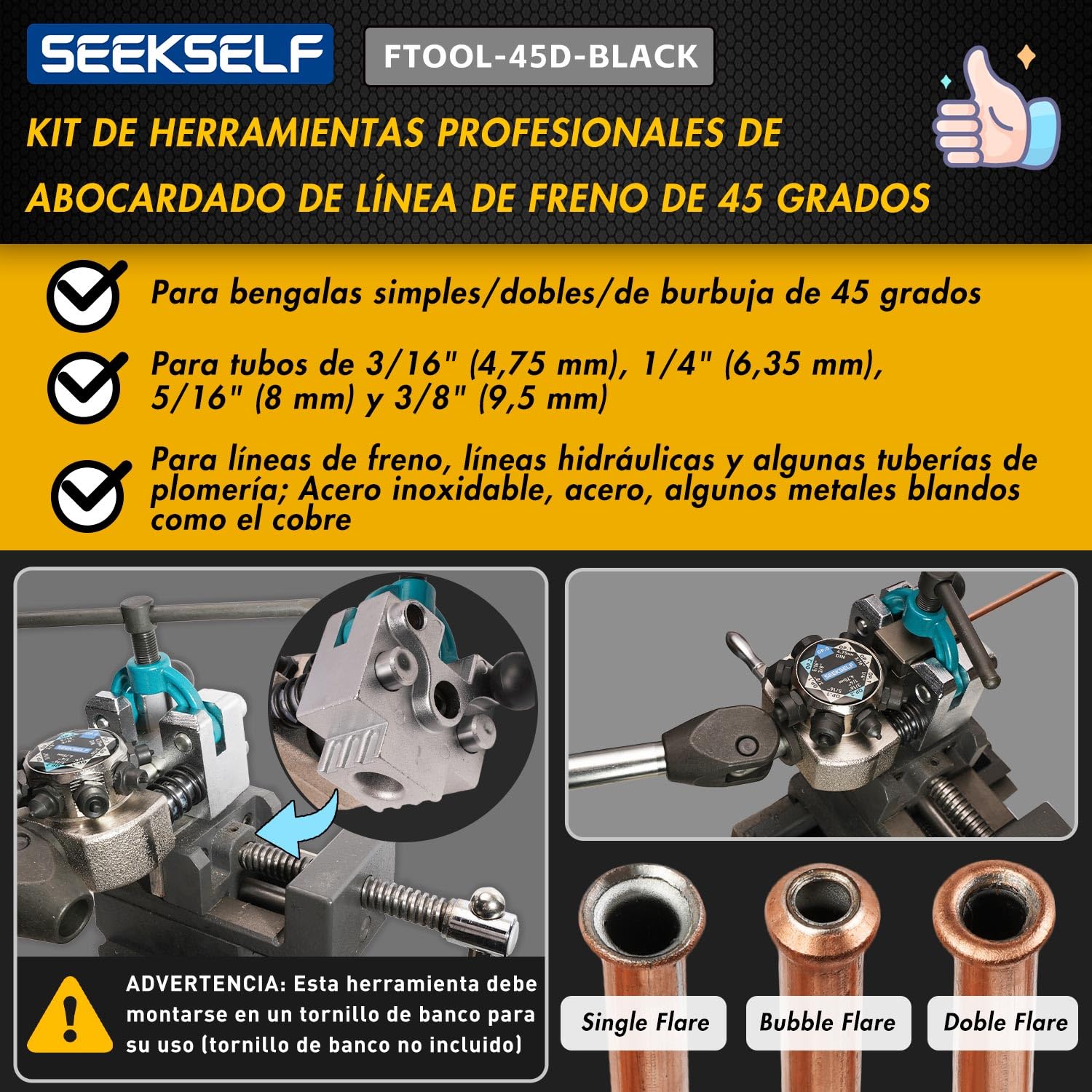 Profesional Kit Abocardar Líneas Freno 45° (Simple/Doble/Burbuja) - Incluye 3/16"-3/8" y 4.75mm para Tubos Acero/Cobre - Herramientas Mecánicas
