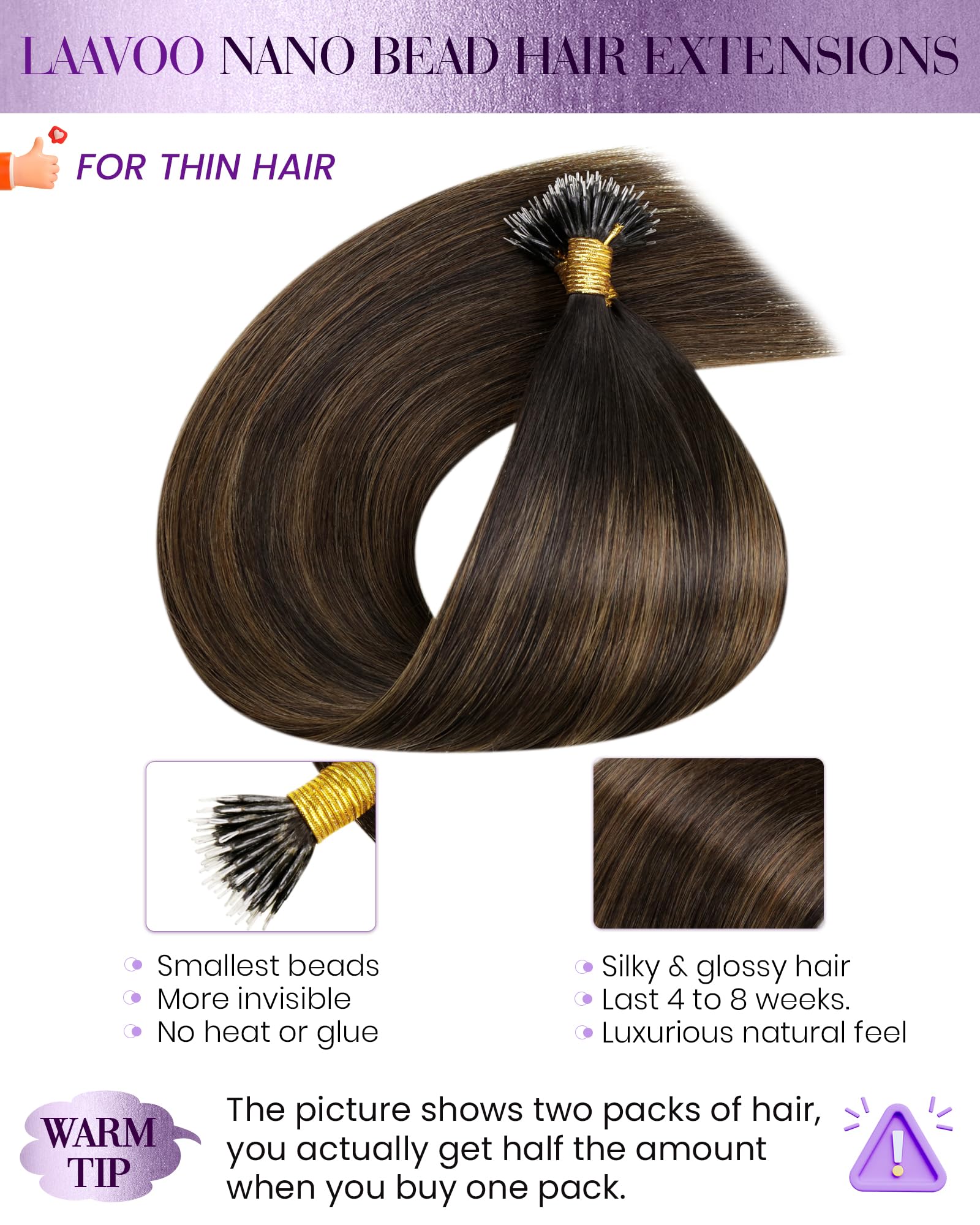 LaaVoo Nano Hair Extensions Real Human Hair 100g Full Head Nano Beads Hair Extensions Balayage Darkest Brown to Light Brown Invisible Nano Ring Straight Remy Hair 100s 24 Inch #2/6/2 - Image 2