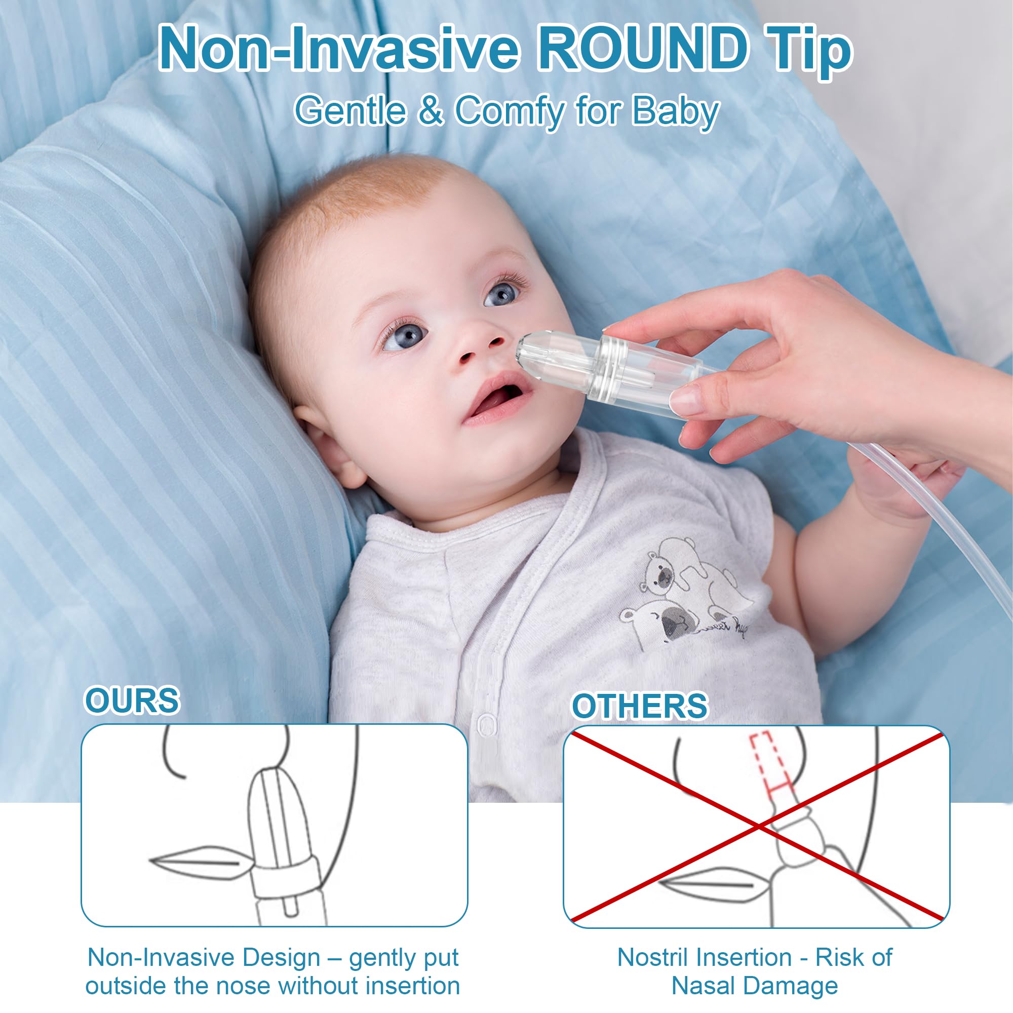 Aspiratore nasale brevettato per neonati e bambini, pompa a mano con ugello arrotondato non invasivo, aspirazione silenziosa allevia la congestione e soffocanti, sicuro per neonati, co-branded con