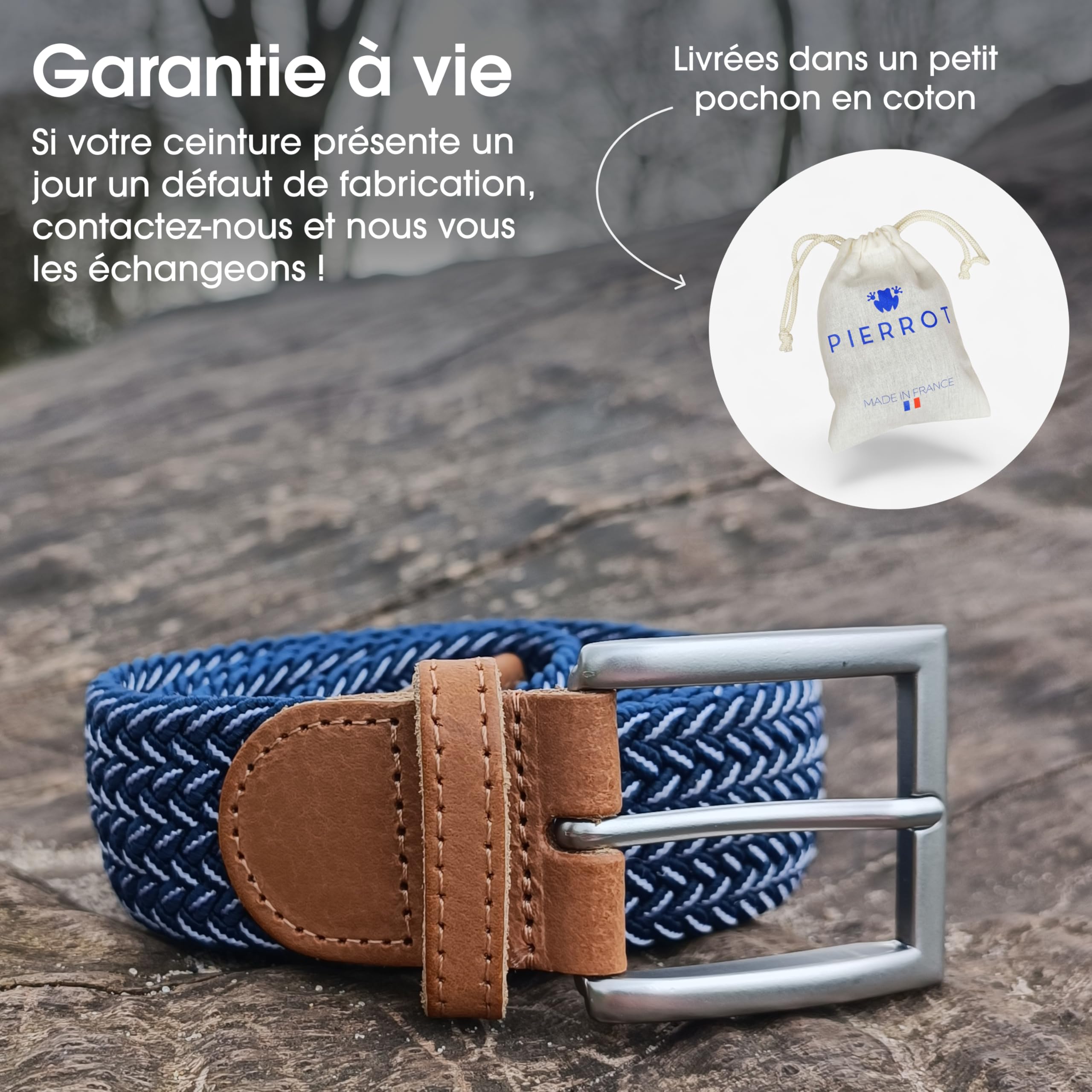 PIERROT Ceinture Tressée Élastique Made in France - Ceinture Elastique pour Hommes Étirable avec Tissu Souple 105cm à 120cm - Fabrication Artisanale Boucle en Acier & Finitions en Cuir