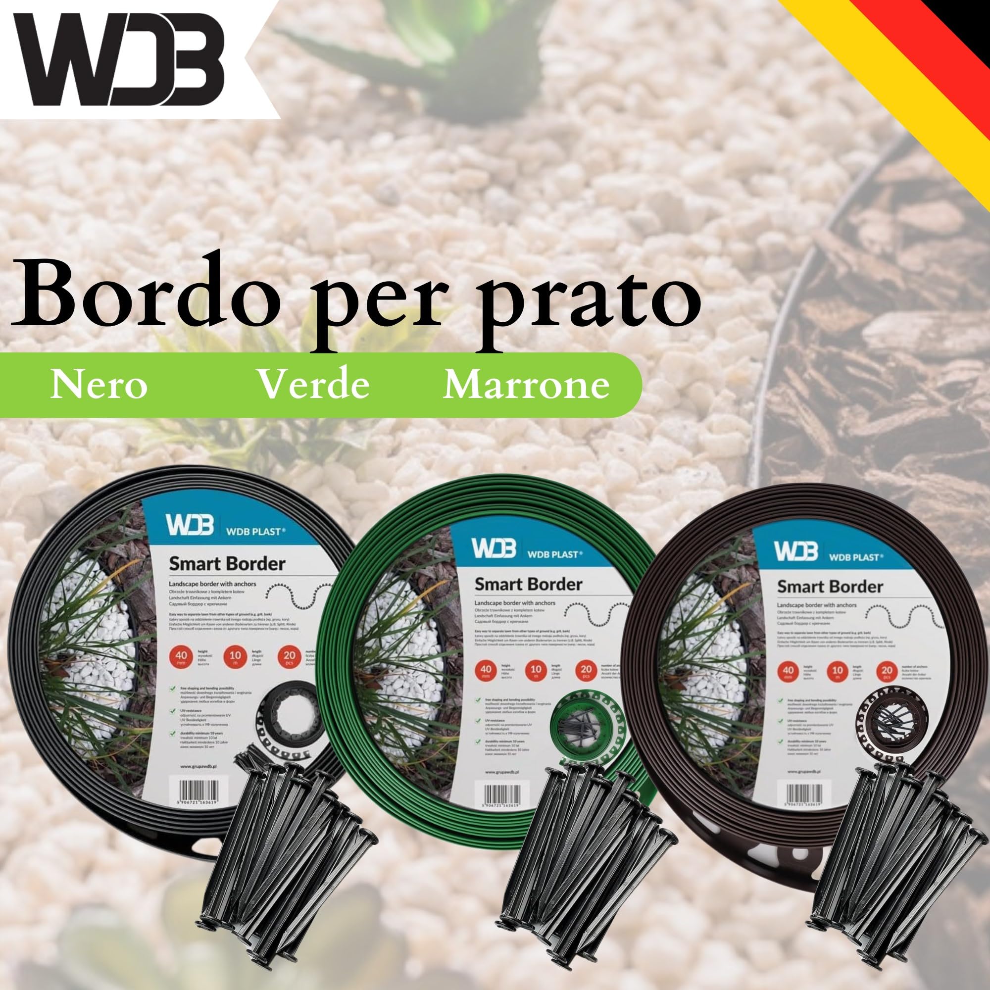 WDB Bordo flessibile in plastica, lunghezza 10 m, altezza 4 cm, con 20 chiodi di fissaggio, colore nero, RAL 9005