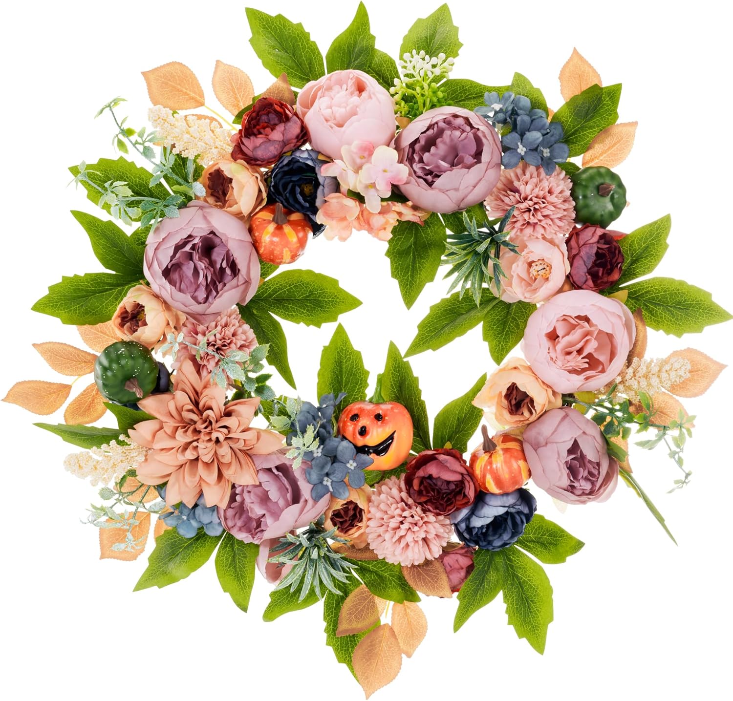 Fall Wreath for Front Door with Fake Peony and Pumpkins, 15 Inch Autumn Wreath for Halloween, Harvest & Thanksgiving, Fall Decor
