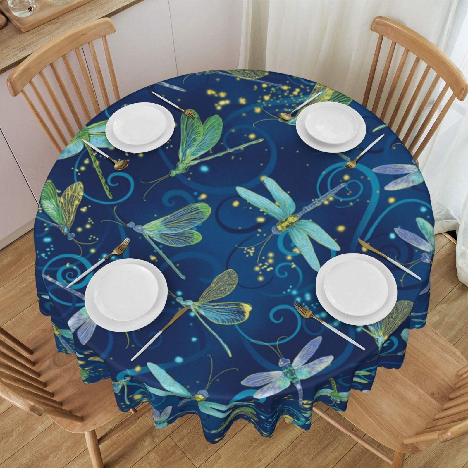 DCEHGEW 60 In Round Tablecloth with Lace, Blue Dragonfly Printed Oilproof & Washable Fabric Picnic Table Cloth Table Covers