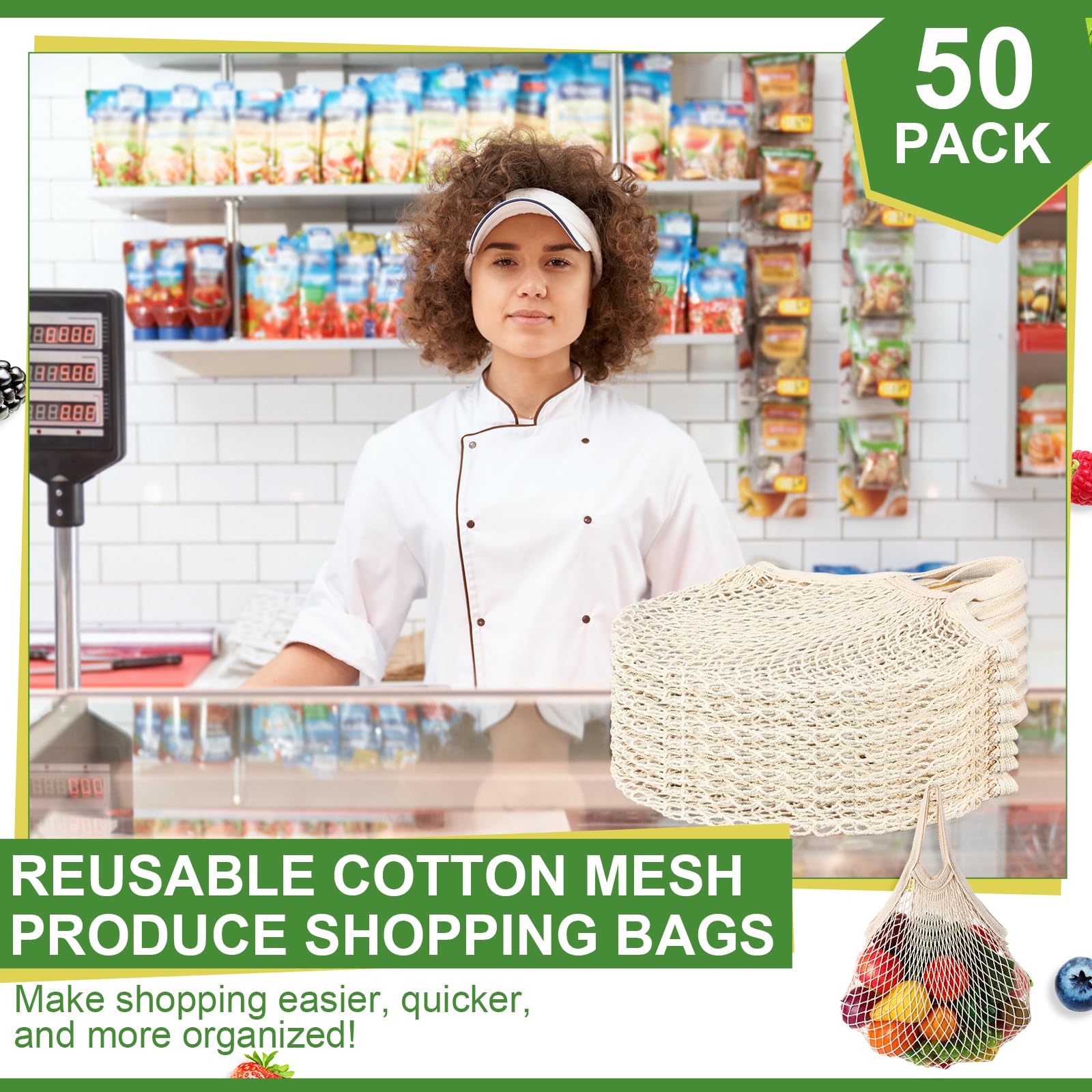 Paterr Paquete de 50 bolsas reutilizables de malla de algodón para comestibles, lavables a granel, bolsas de red para productos, bolsas de compras portátiles con asa para almacenamiento de frutas