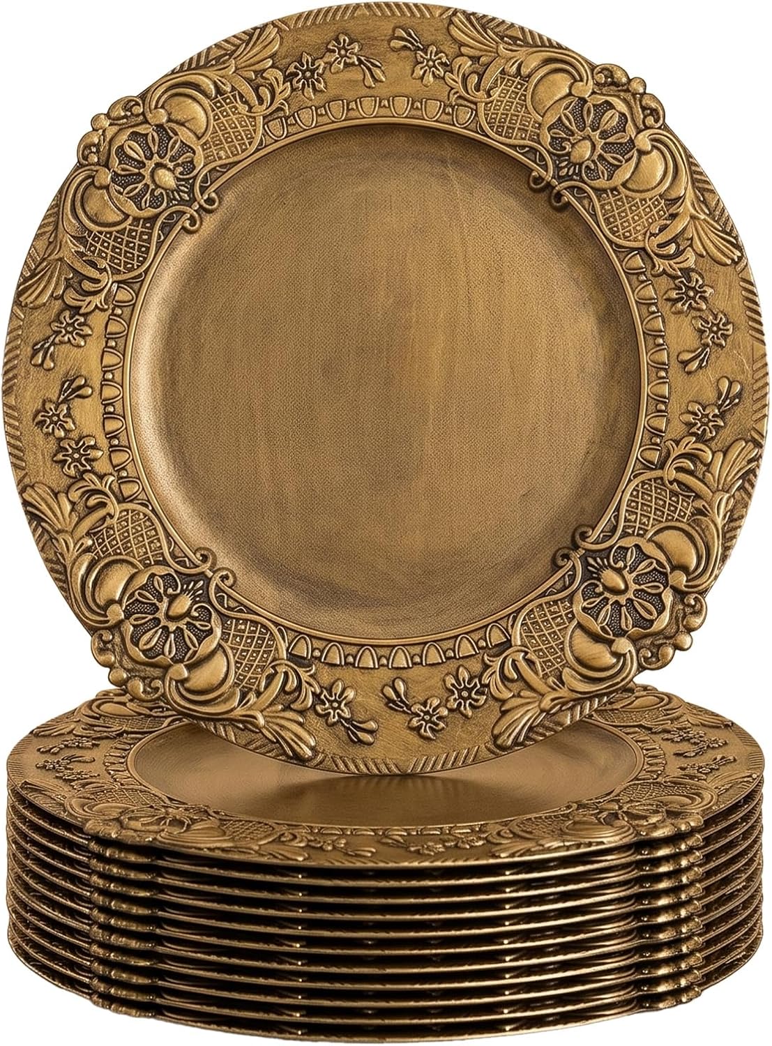 12 Pcs Antique Gold Charger Plates Bulk, 13 Inch Round Plastic Gold Chargers Plates, Decorative Vintage Charger Plate with Embossed Rim for Wedding, Event, Dinner, Table Decor