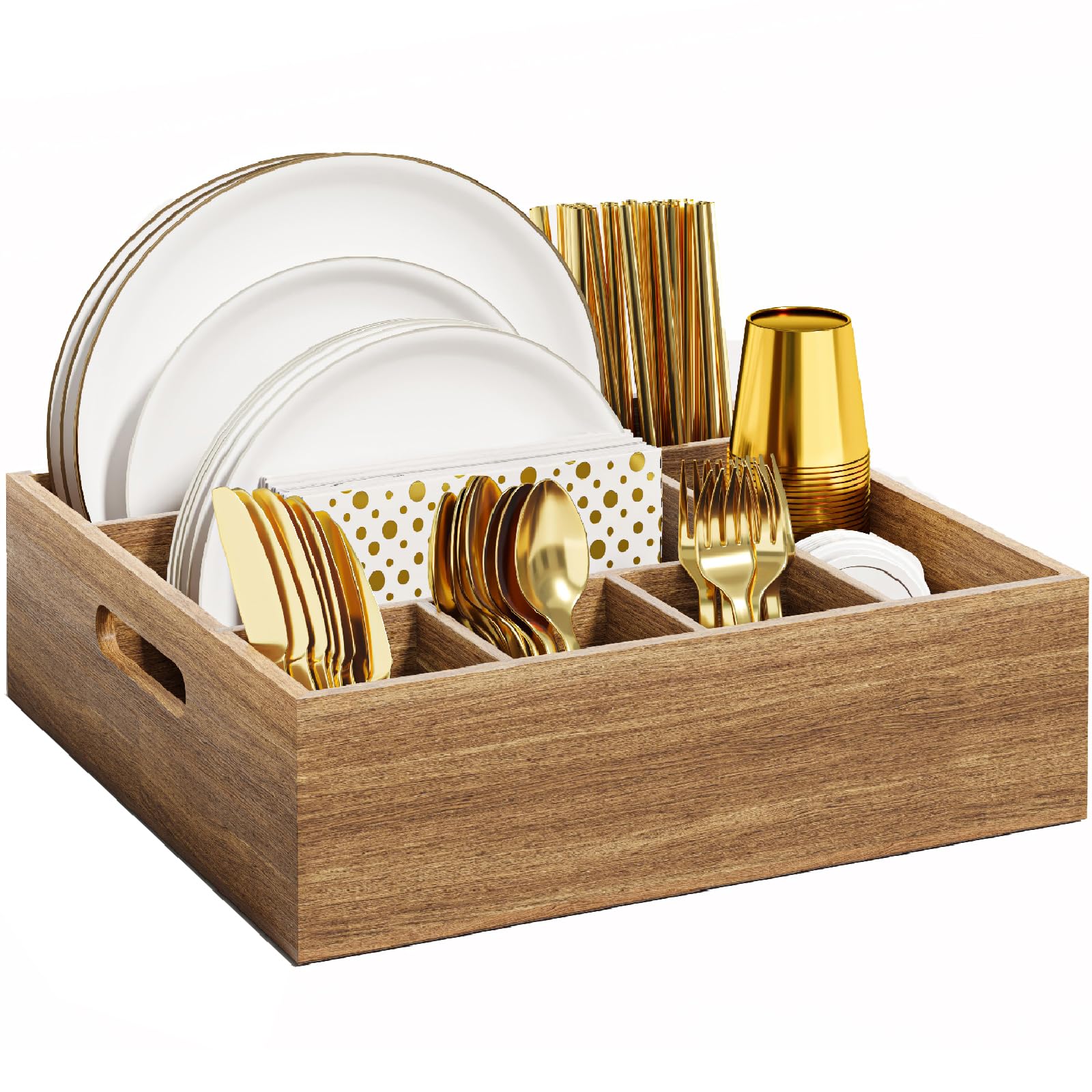 Acacia Wood Utensil Holder for Party, Paper Plate and Utensil Holder Caddy for Countertop, Kitchen Silverware Organizer Dispenser for Spoon, Napkin, Cup, Cutlery Holders for Outdoor, Camping, Picnic