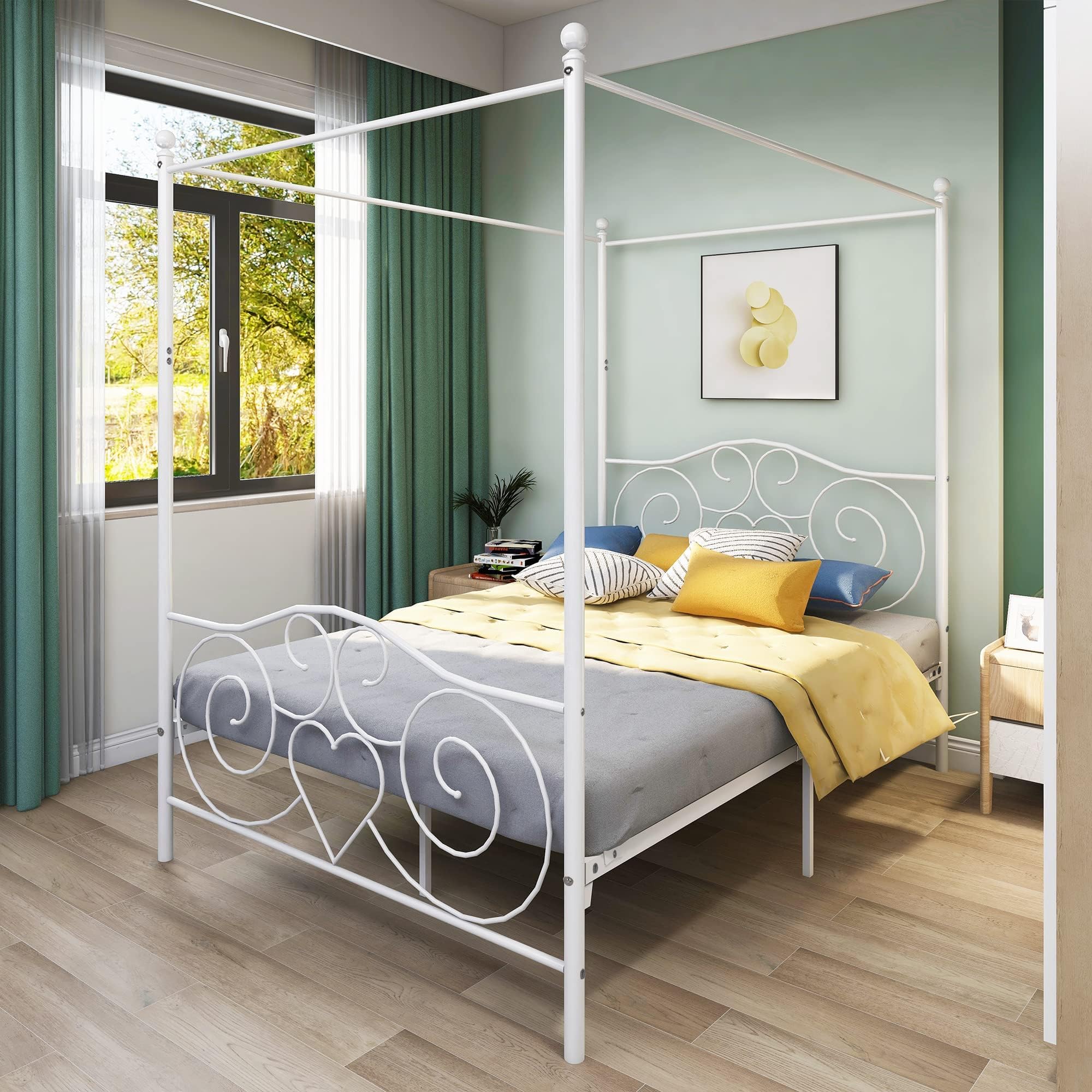 Telaio per letto a baldacchino, 120 x 200 cm, struttura in metallo, testiera e pediera decorati a cuore, doghe e supporti in acciaio altamente resistenti, con testiera e pediera, non sono
