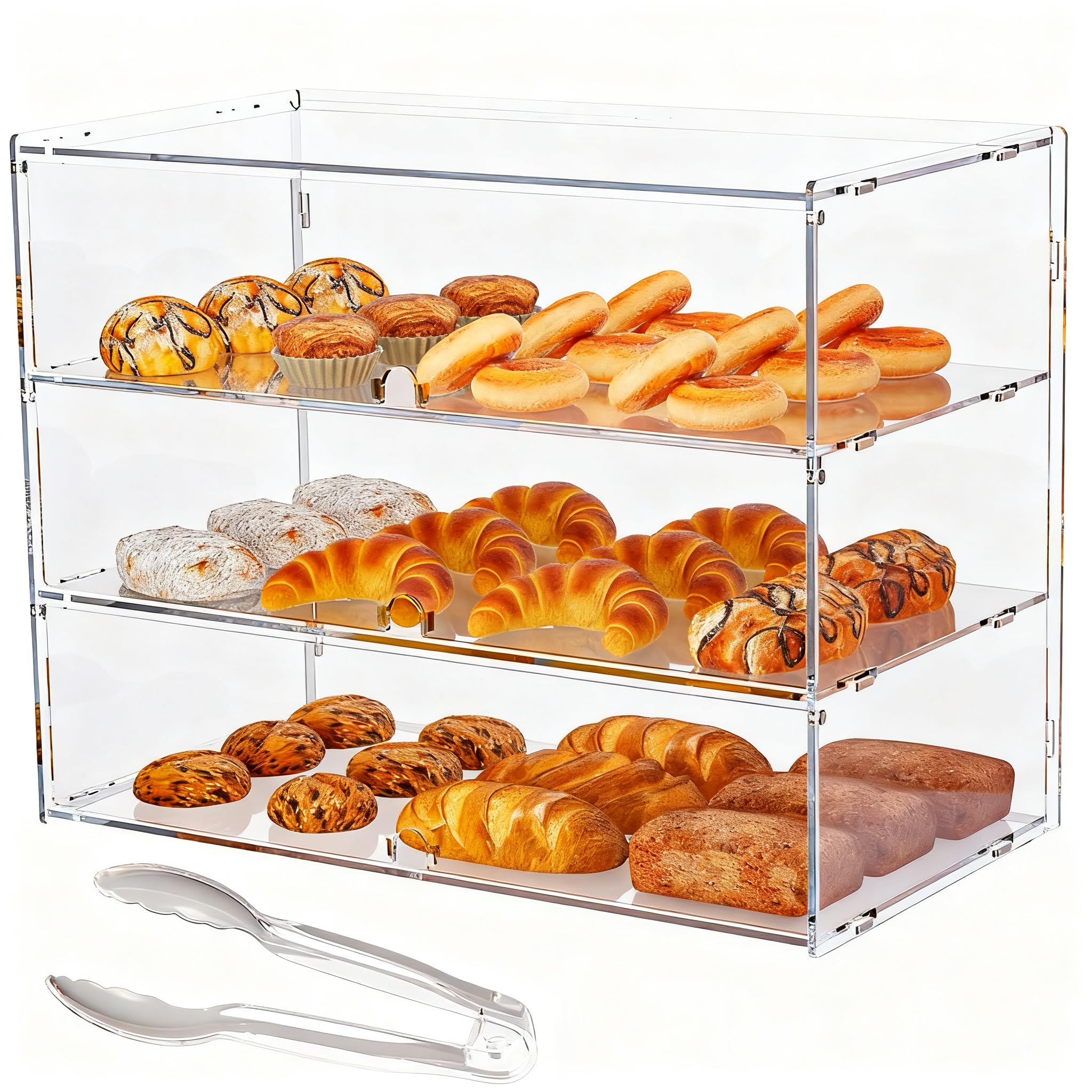 3-Tier Commercial Bakery Display Case, 19.49"x 14.96"x 10.23" Pastry Display Case Countertop Display Cabinet Box for Bread Dessert Food Cookie Baking