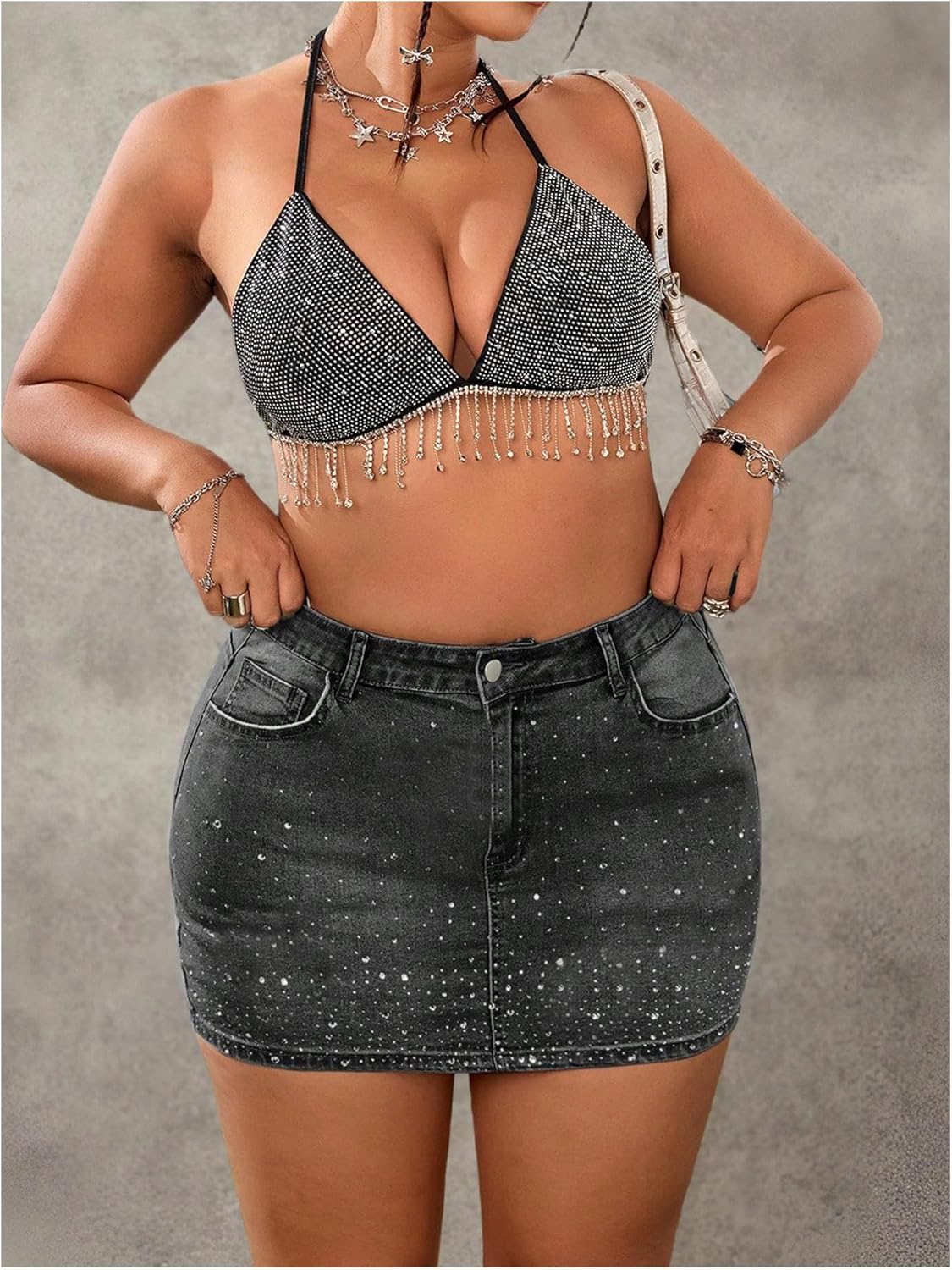 Verdusa Women's Plus Size Rave Rhinestone Glitter Jean Skirt Party Denim Mini Skirts with Pockets