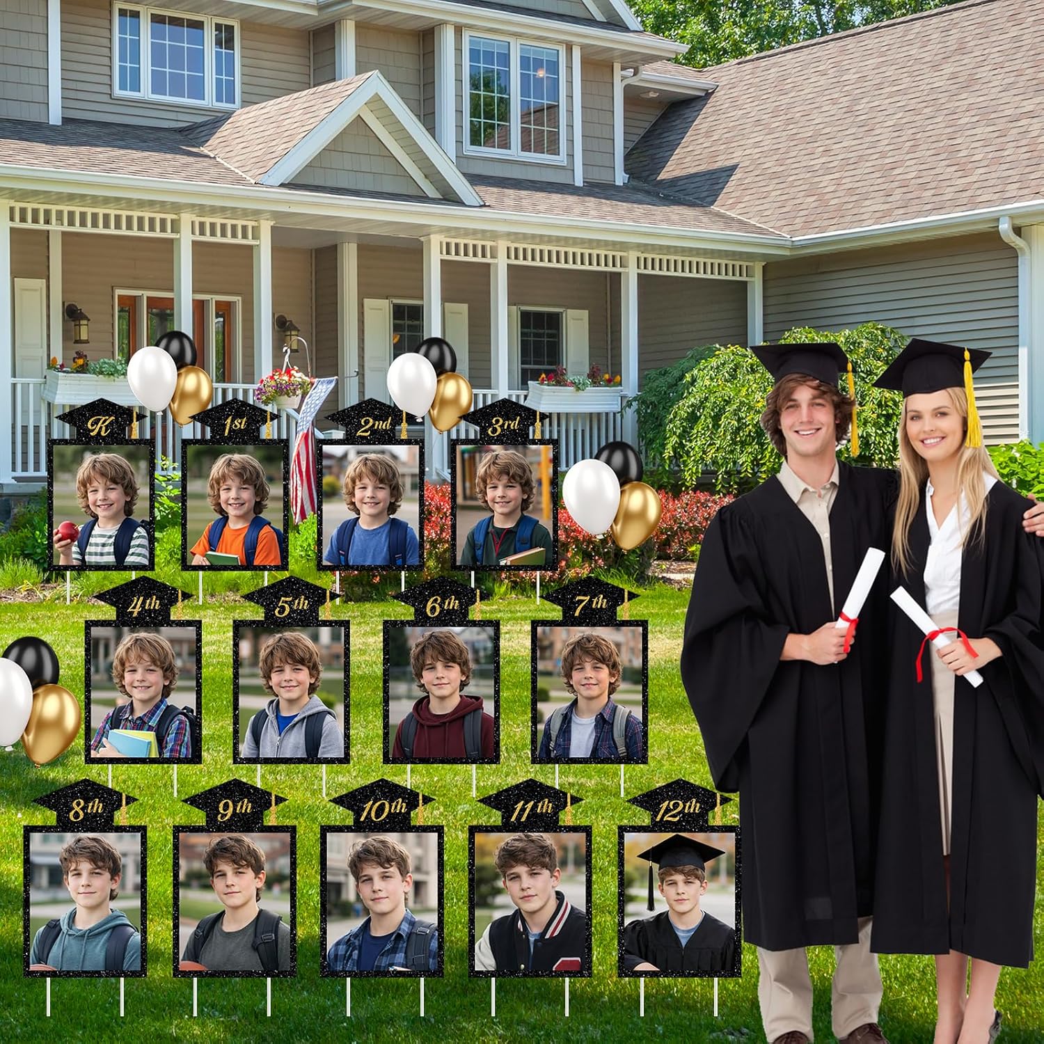 13 Pcs K-12 Graduation Yard Sign Decorations, 2026 Black&Gold Grade Photo Display Kindergarten to 12th Picture Board for Outdoor Lawn Yard Graduation Party Decorations Supplies