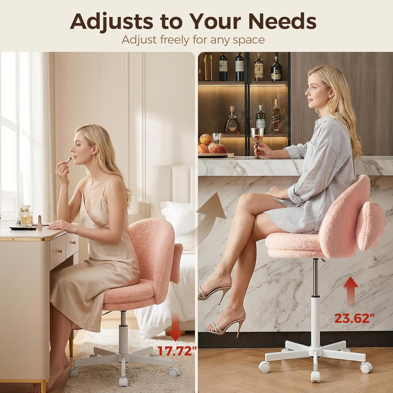 GTPOFFICE Vanity Chair with Back, Adjustable Tall Office Chair High Swivel Bar Stools Fluffy Cute Desk Chair Comfy with Wheels Bow Pillow Armlees for Adults Standing Desk Bar, Teddy Velvet, Pink