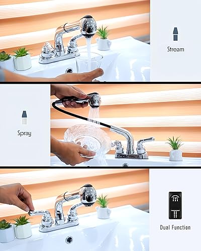 Miniatura 3 de Wasserman - Grifo de fregadero de 2 manijas con rociador extraíble en cromo, plástico ABS no metálico, juego central de 4 pulgadas para lavandería,