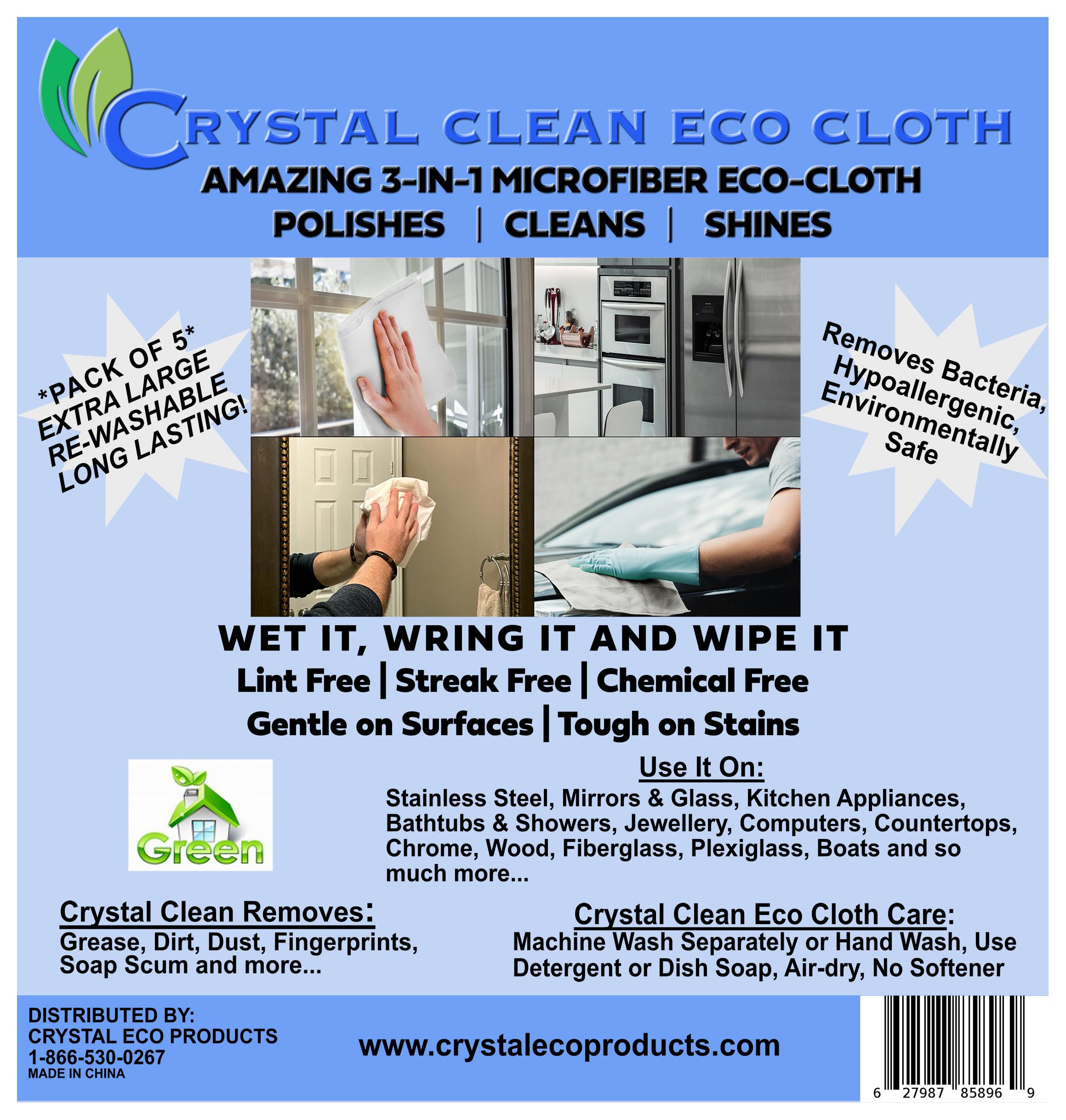Crystal Clean Eco-Cloth Amazing Lint-Free/Streak-Free/Chemical-Free Microfiber Cloth for Windows & Glass/Mirrors Stainless Steel Appliances TV/Computer/ Tablets...5 in a Pack, White, 16''x16''
