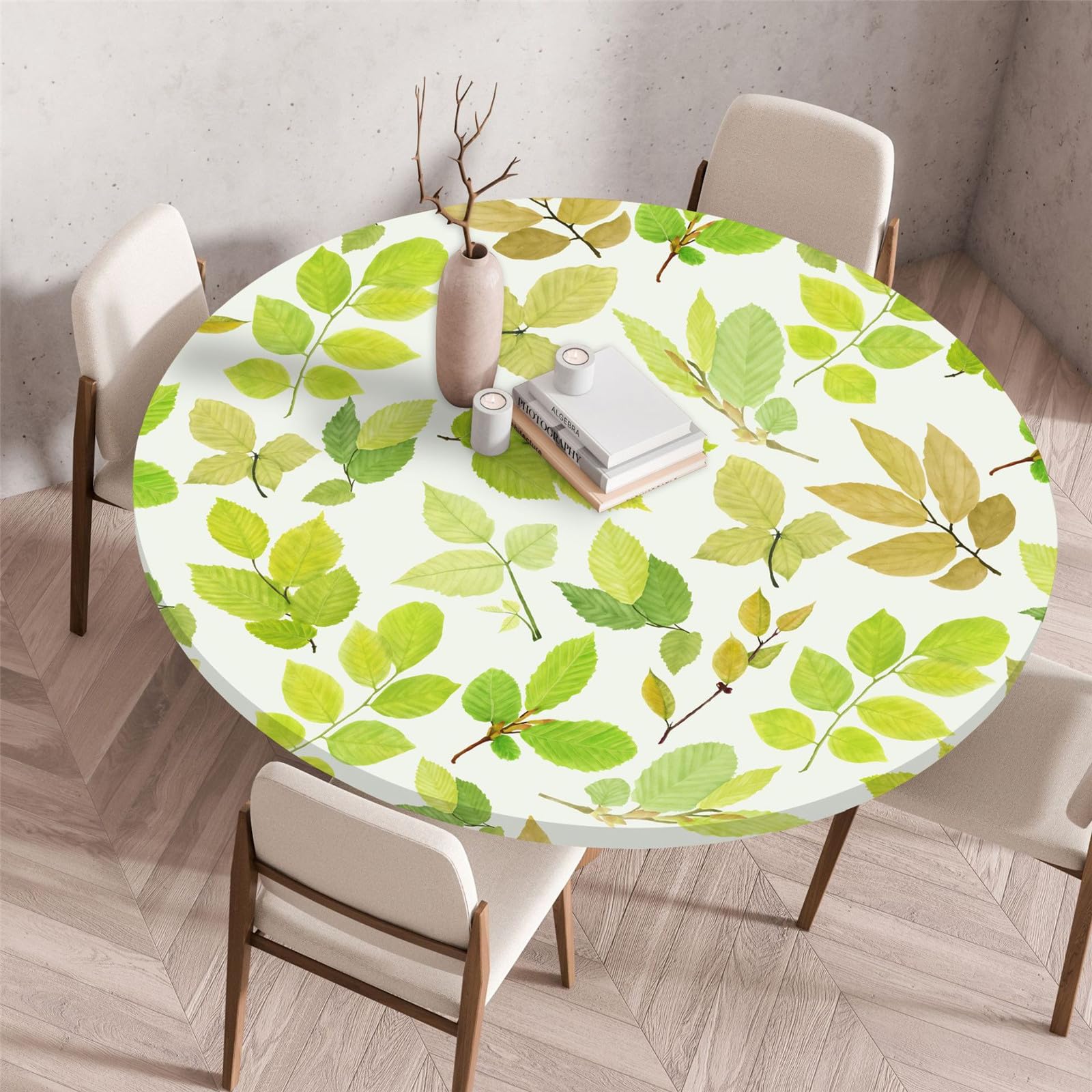 Odot Elastic Edged Round Fitted Tablecloth Protector Green Plants Print Wipeable Circle Tablecloth Indoor Outdoor Table Cover Wipe Clean for Kitchen Picnic Dining Room Tabletop (120cm,Leaves)