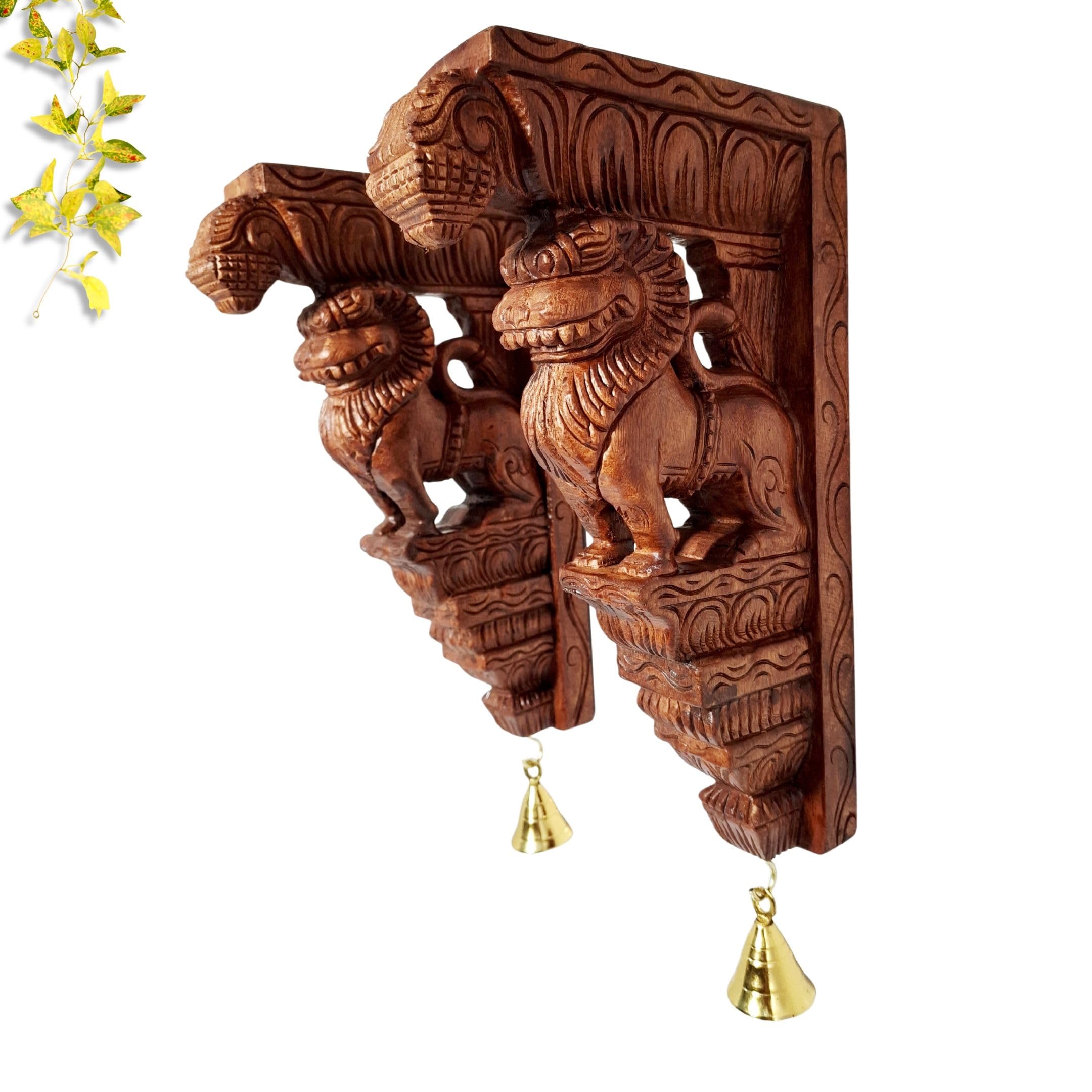 Wooden Yali Wall Bracket Set of 2 Handcarved Brown 12 inch South India Temple Style Brass Bell Home Decor Housewarming Gift-image-21
