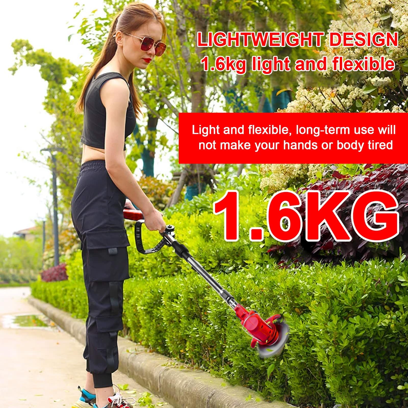 Desbrozadora Bateria con Ruedas, Desbrozadora Electrica Inalámbrica 21V, 2 Baterías de 1,5 Ah, 4 Tipos de Cuchillas, Plegable, Cabezal Ajustable 90° y Mango Telescópico para Jardín y Podar