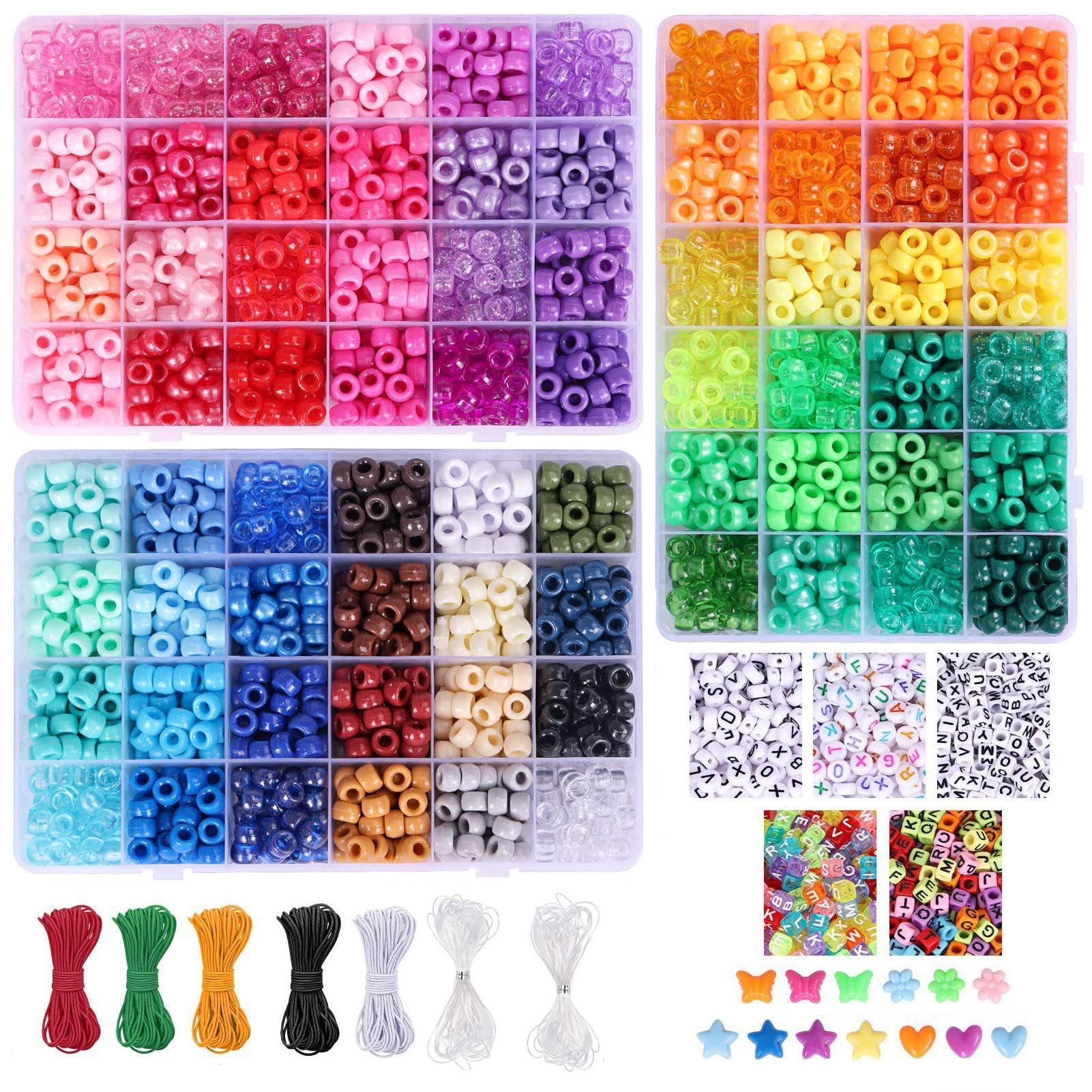 JASOLYI 3600 Pony Beads Kit, Colourful Bead DIY Craft Making Kit 1000 Letter Beads Bracelet Making Kit, 100 Colorful Pendant Bead with 7 Rolls of Elastic Cord, Easy to Learn(Colourful)